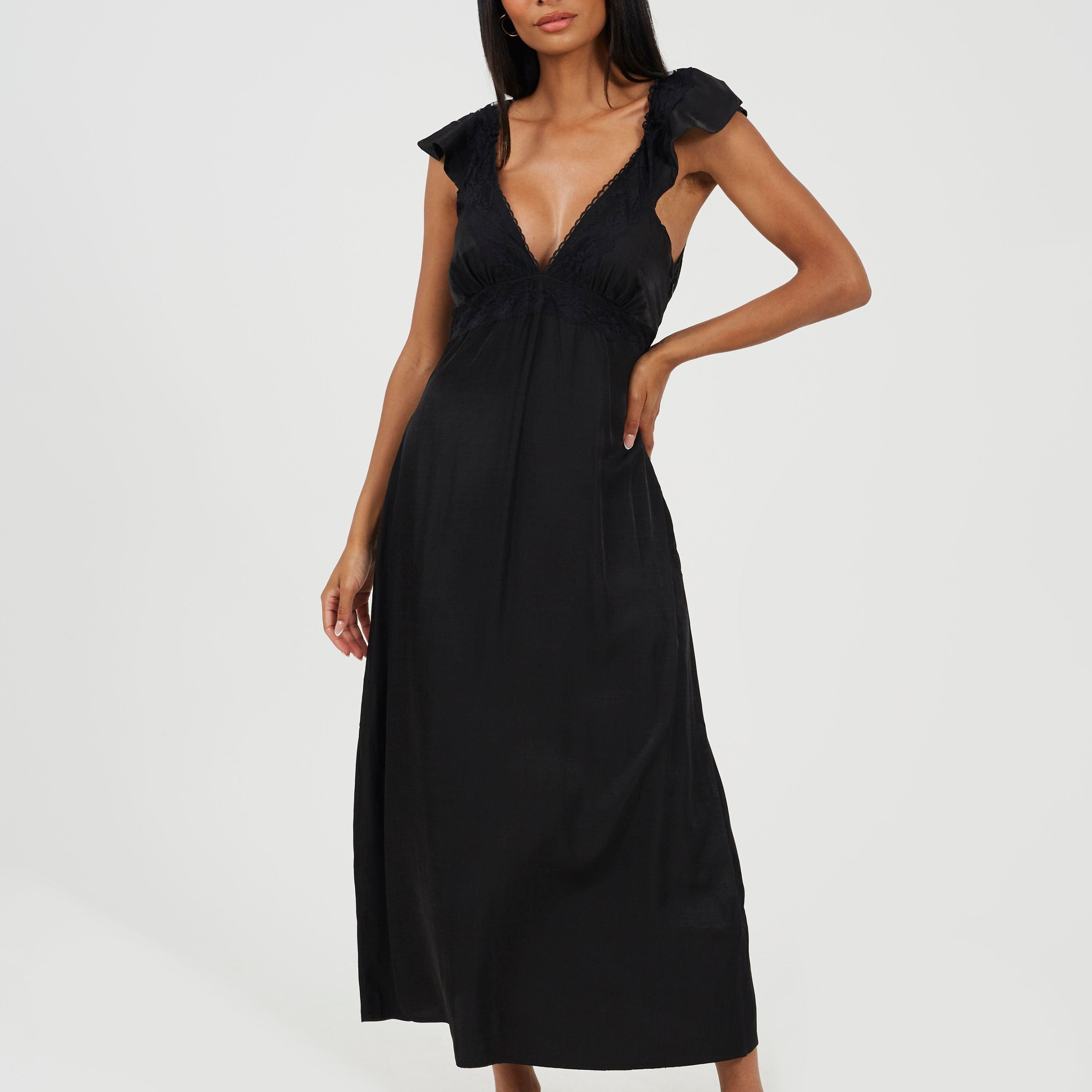 Black - Brave Soul - Womens Lace Trim V-Neck Midi Dress with Frill - 1