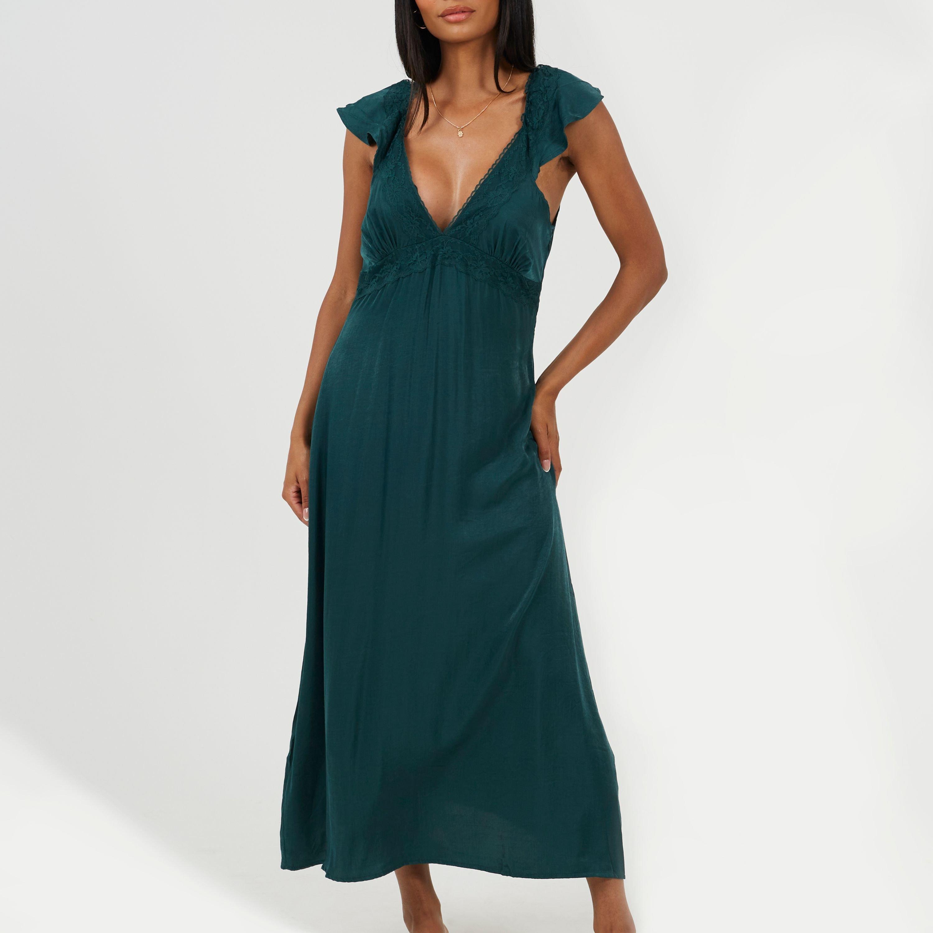 Womens Lace Trim V-Neck Midi Dress with Frill