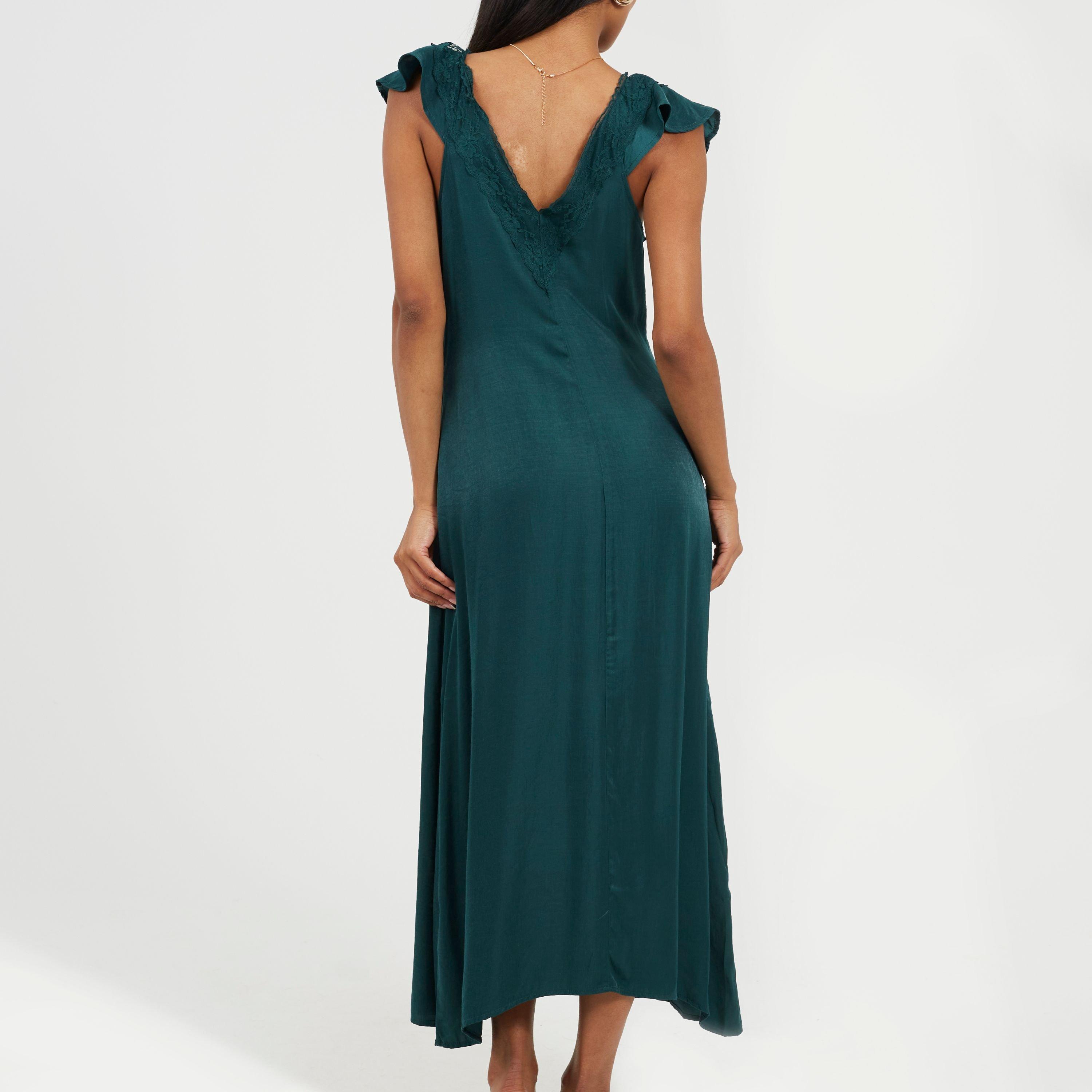 Emerald - Brave Soul - Womens Lace Trim V-Neck Midi Dress with Frill - 2