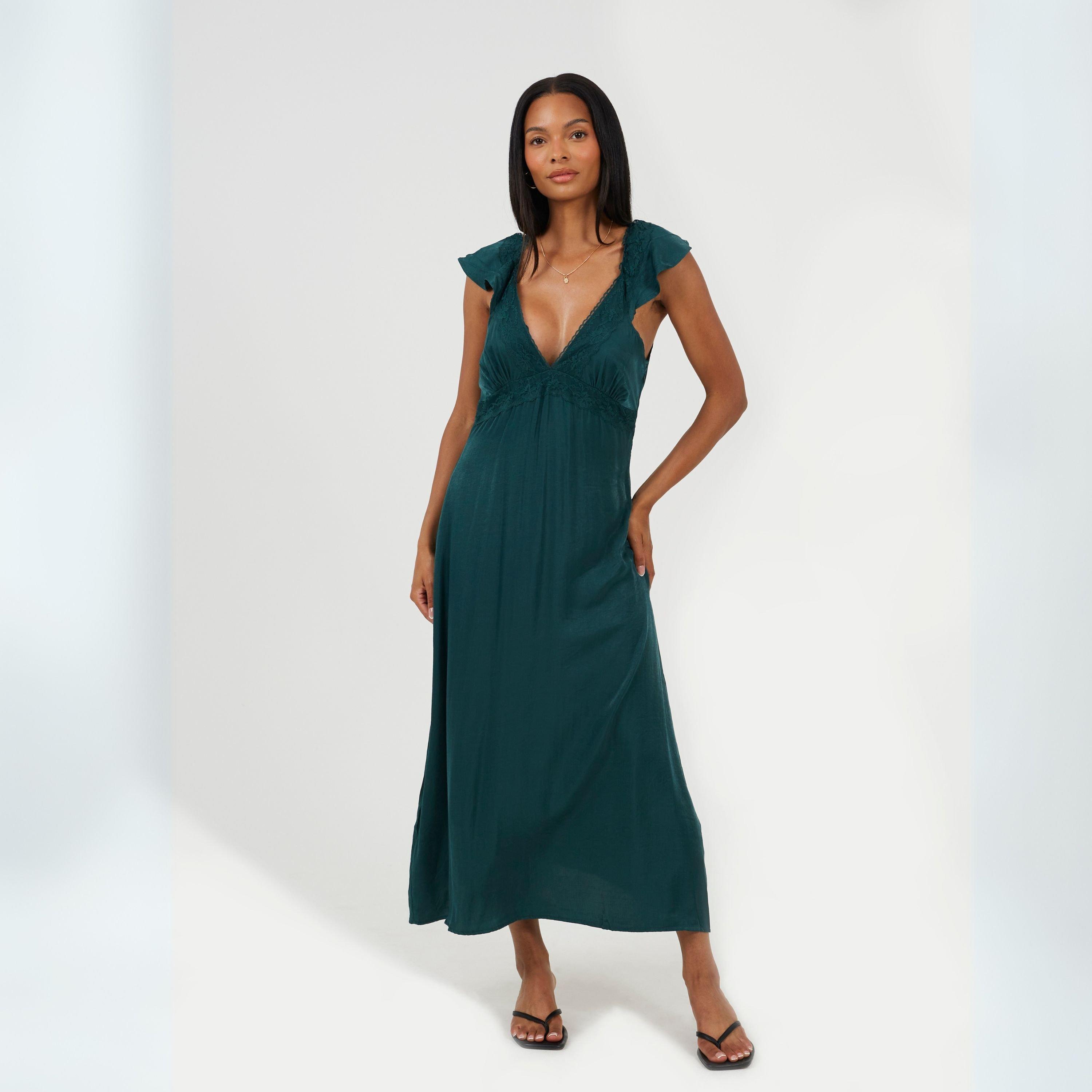 Emerald - Brave Soul - Womens Lace Trim V-Neck Midi Dress with Frill - 4