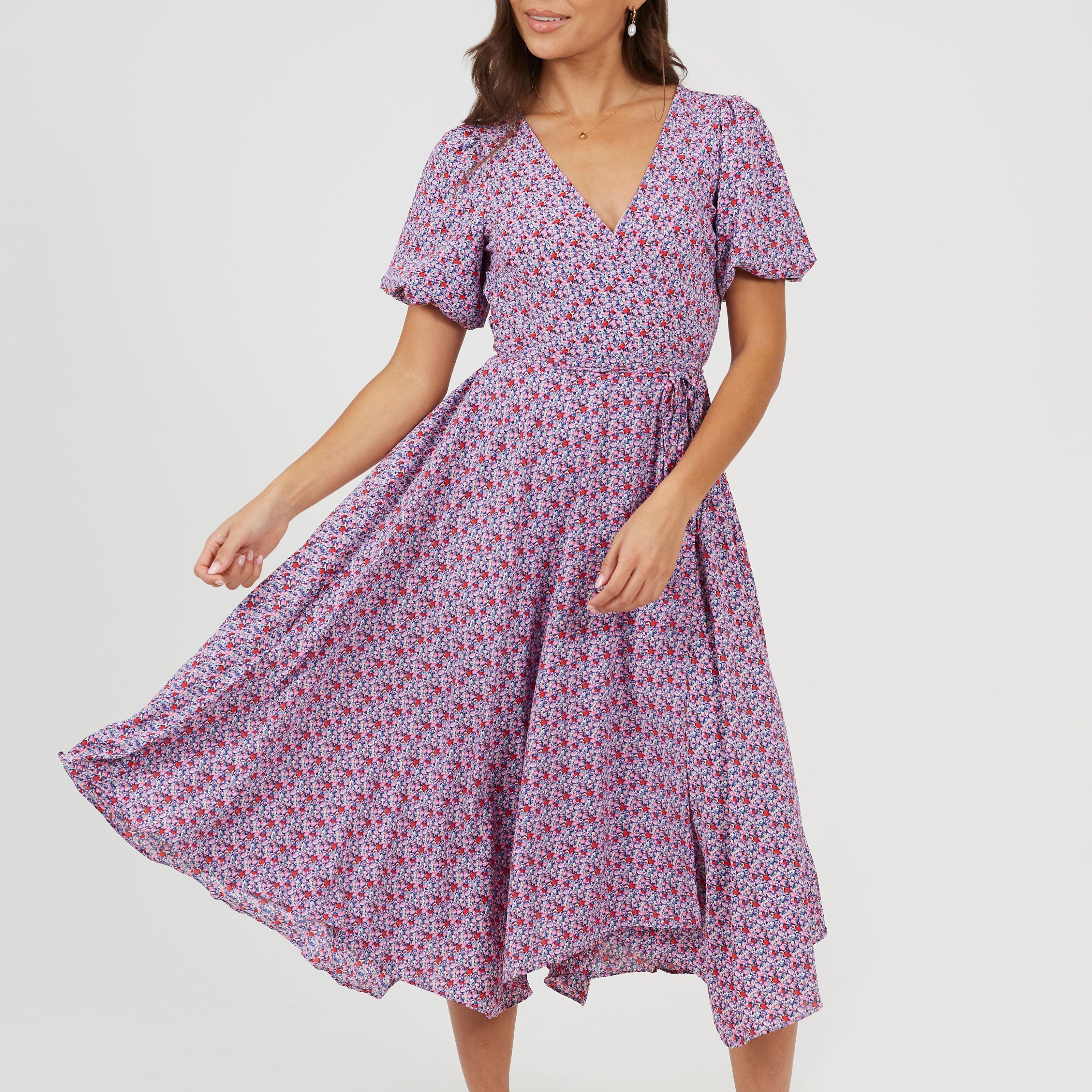 Brave Soul Women's V-Neck Floral Wrap Dress - Pink - 8 (XS)