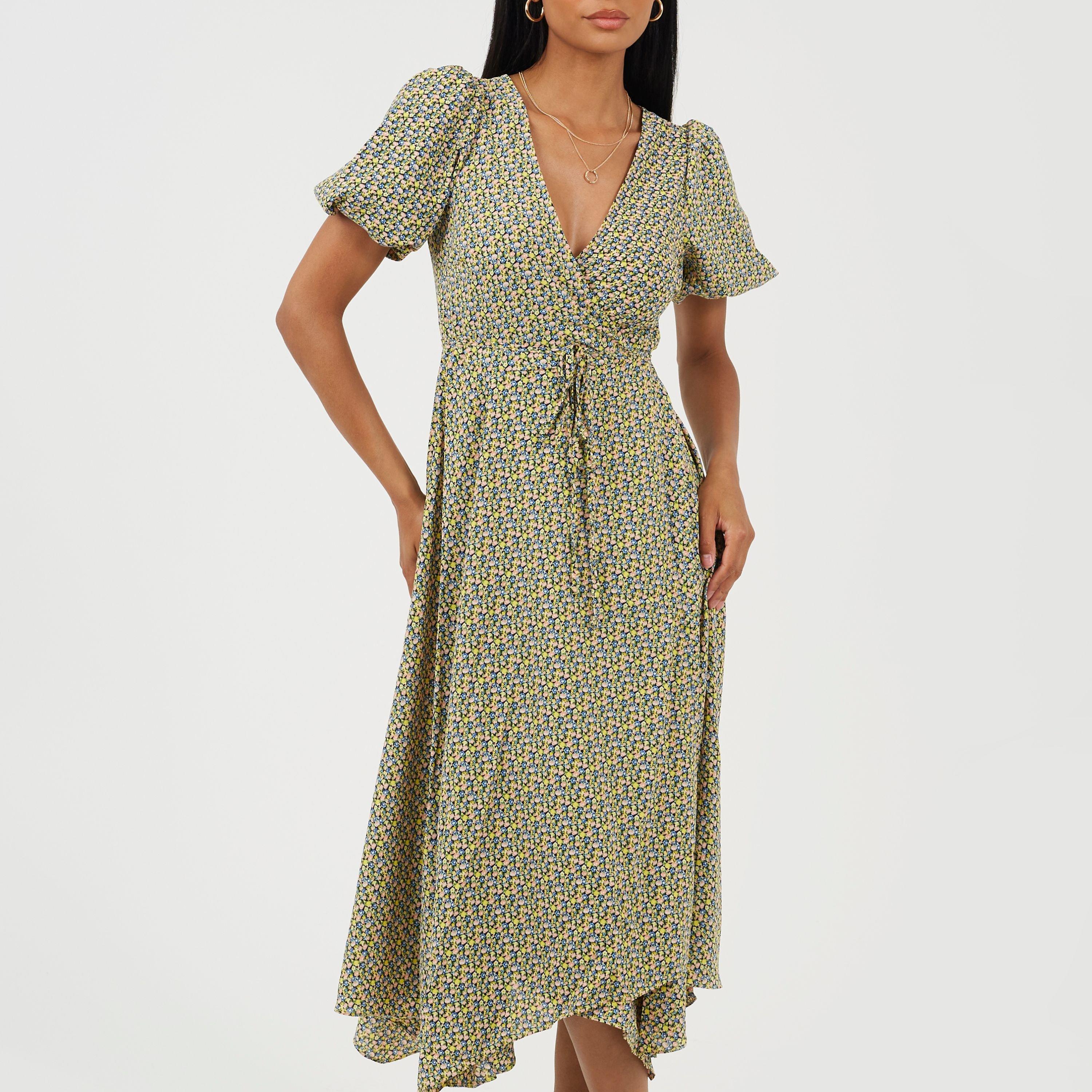 Brave Soul Women's V-Neck Midi Floral Wrap Dress - Yellow - 10 (S)