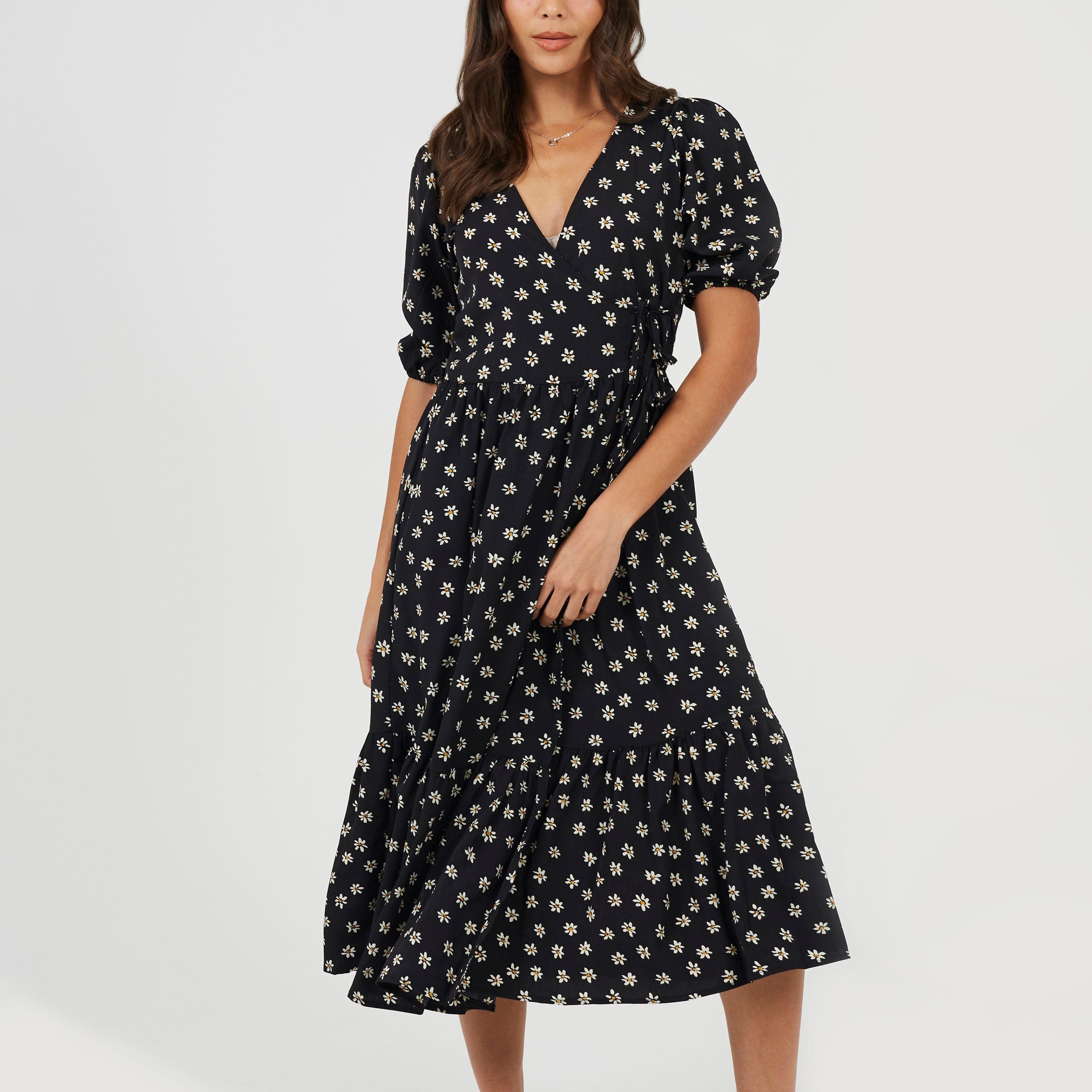 Brave Soul Women's V Neck Wrap Dress - Black/White - 8 (XS)