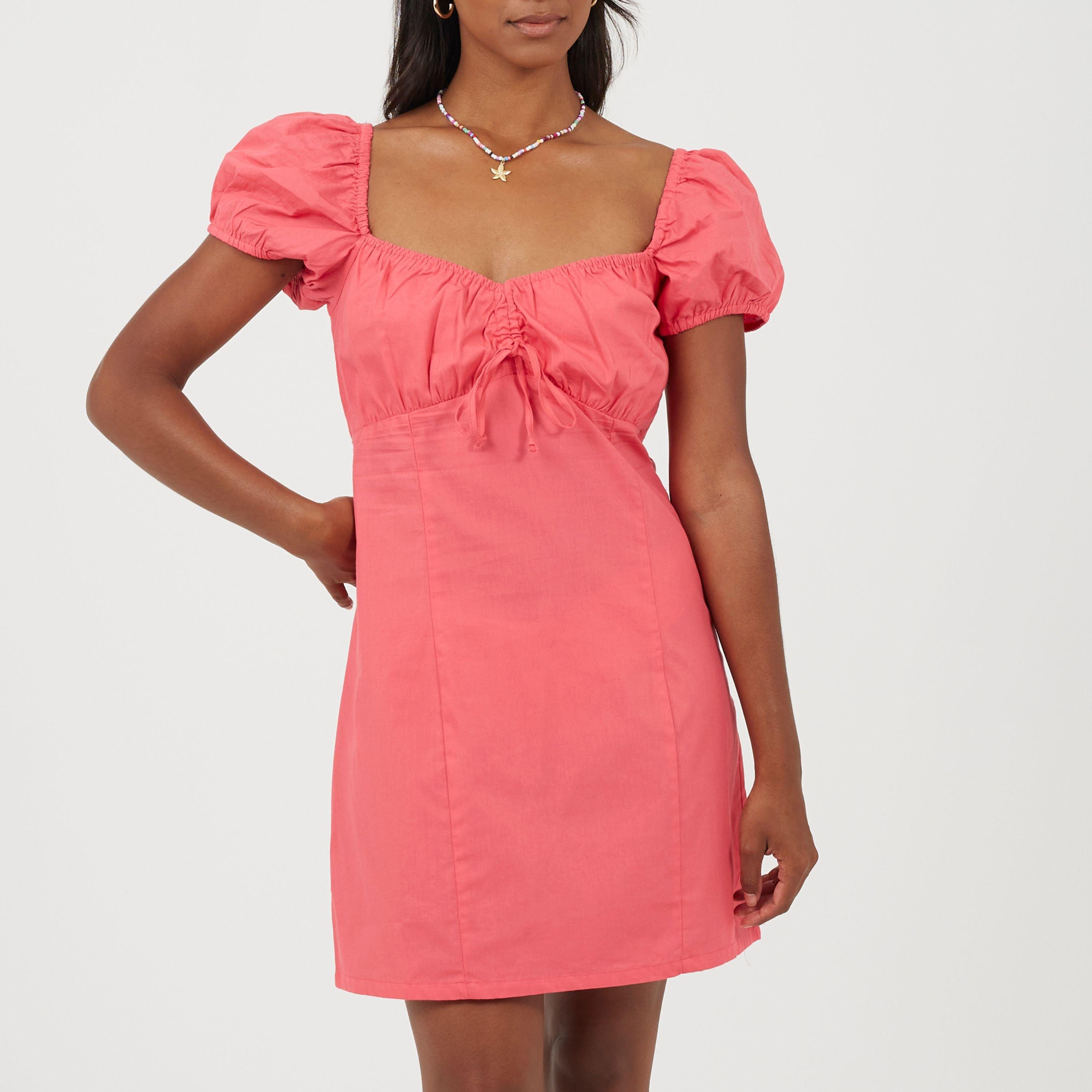 Brave Soul Women's Puff Sleeve Mini Dress With Sweetheart Neckline - Pink - 10 (S)
