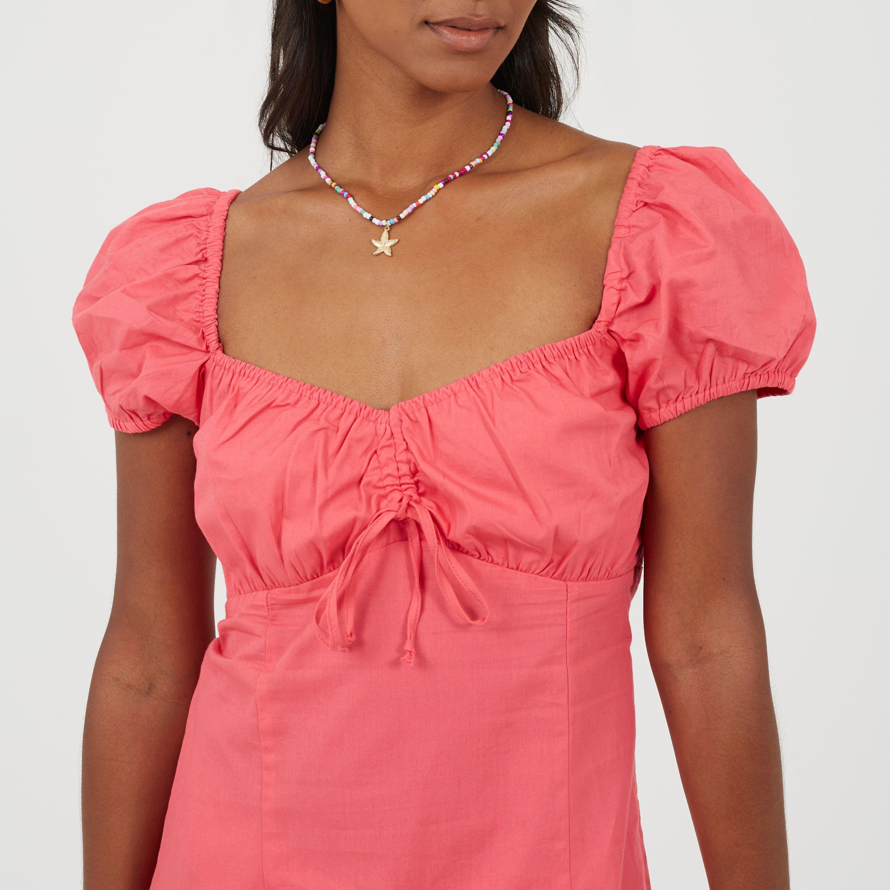 Pink - Brave Soul - Womens Puff Sleeve Mini Dress with Sweetheart Neckline - 3