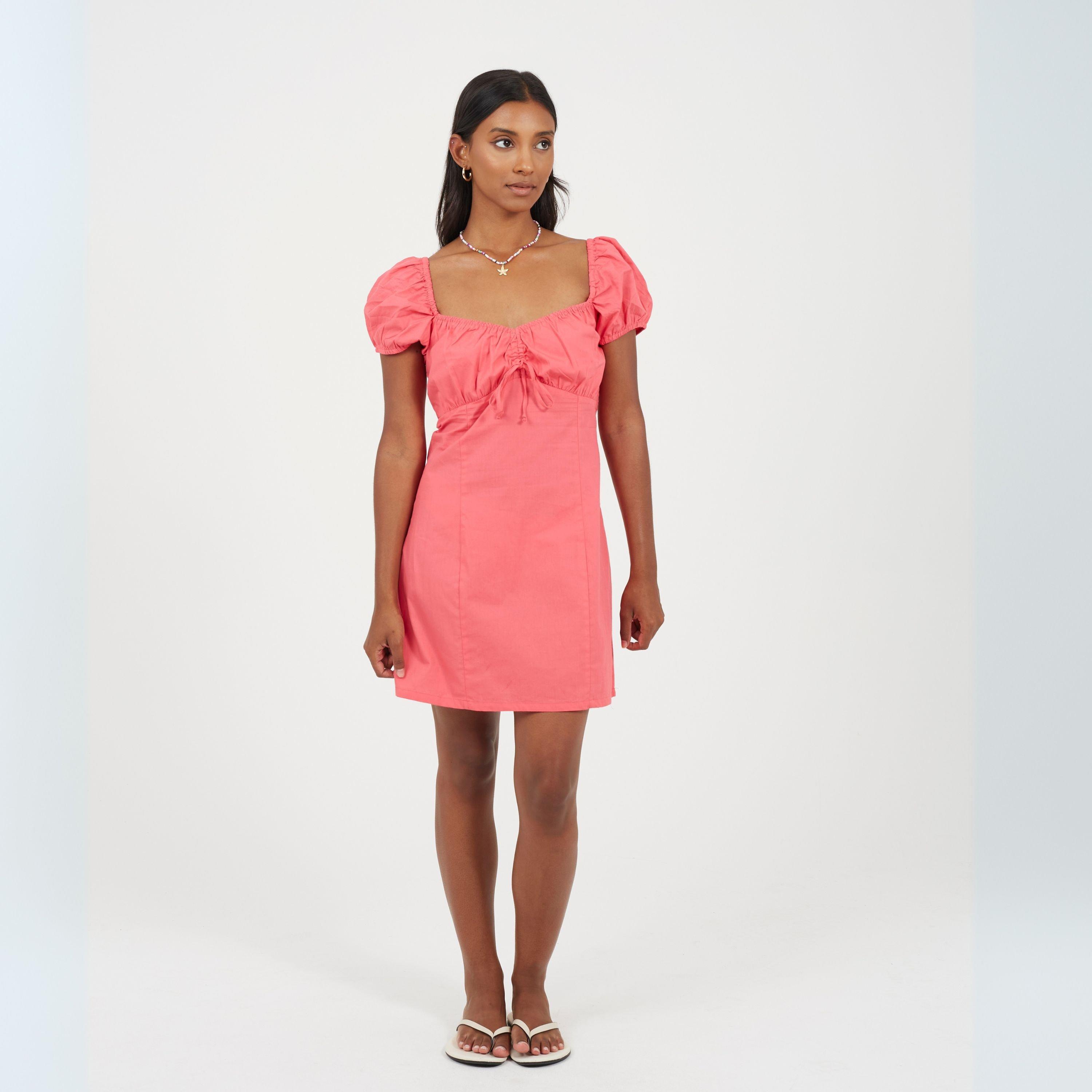 Pink - Brave Soul - Womens Puff Sleeve Mini Dress with Sweetheart Neckline - 4