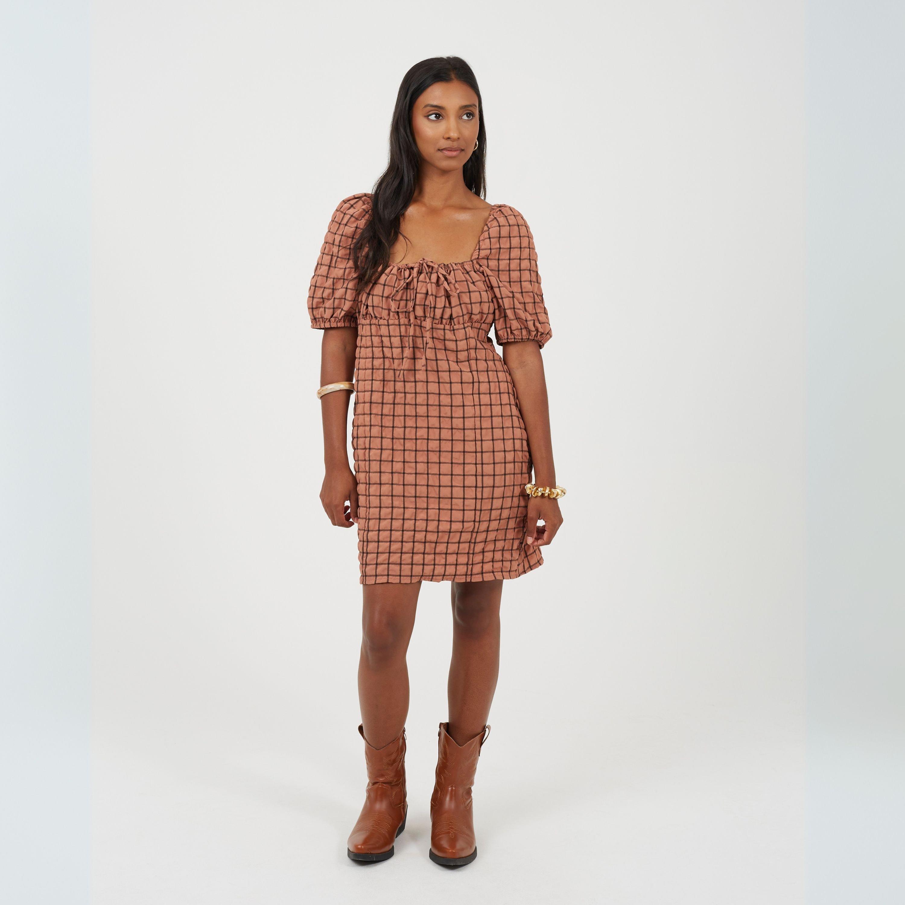 Rust/Black - Brave Soul - Women's Puff Sleeve Mini Dress - 4