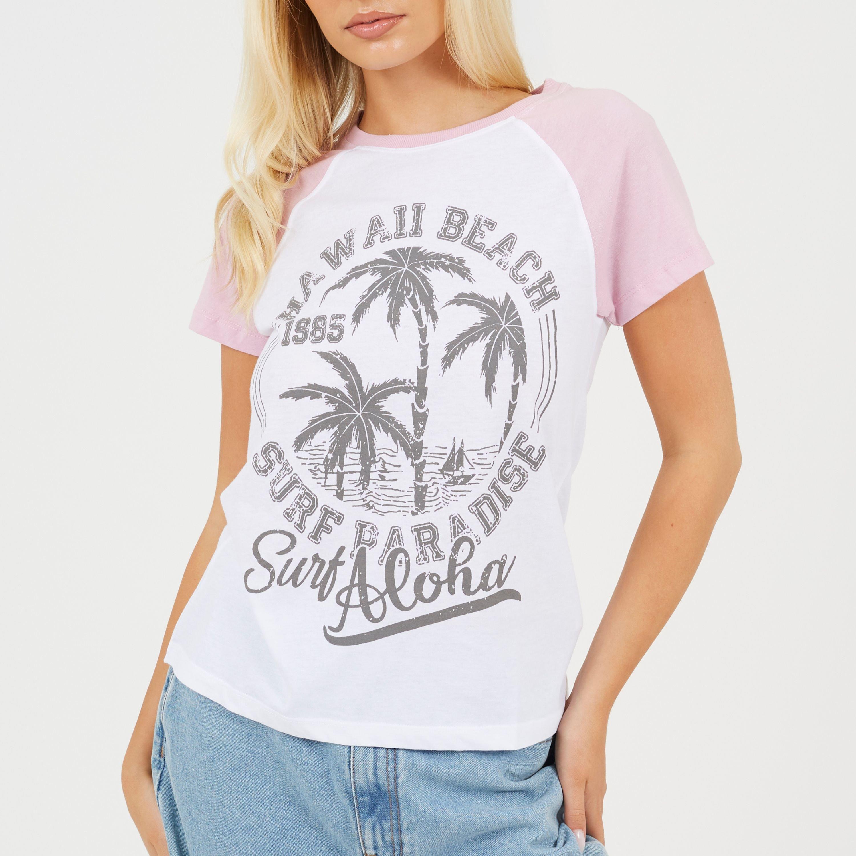 White/Lilac - Brave Soul - Womens Contrat Raglan Sleeve T-shirt with Hawaii Graphic - 1