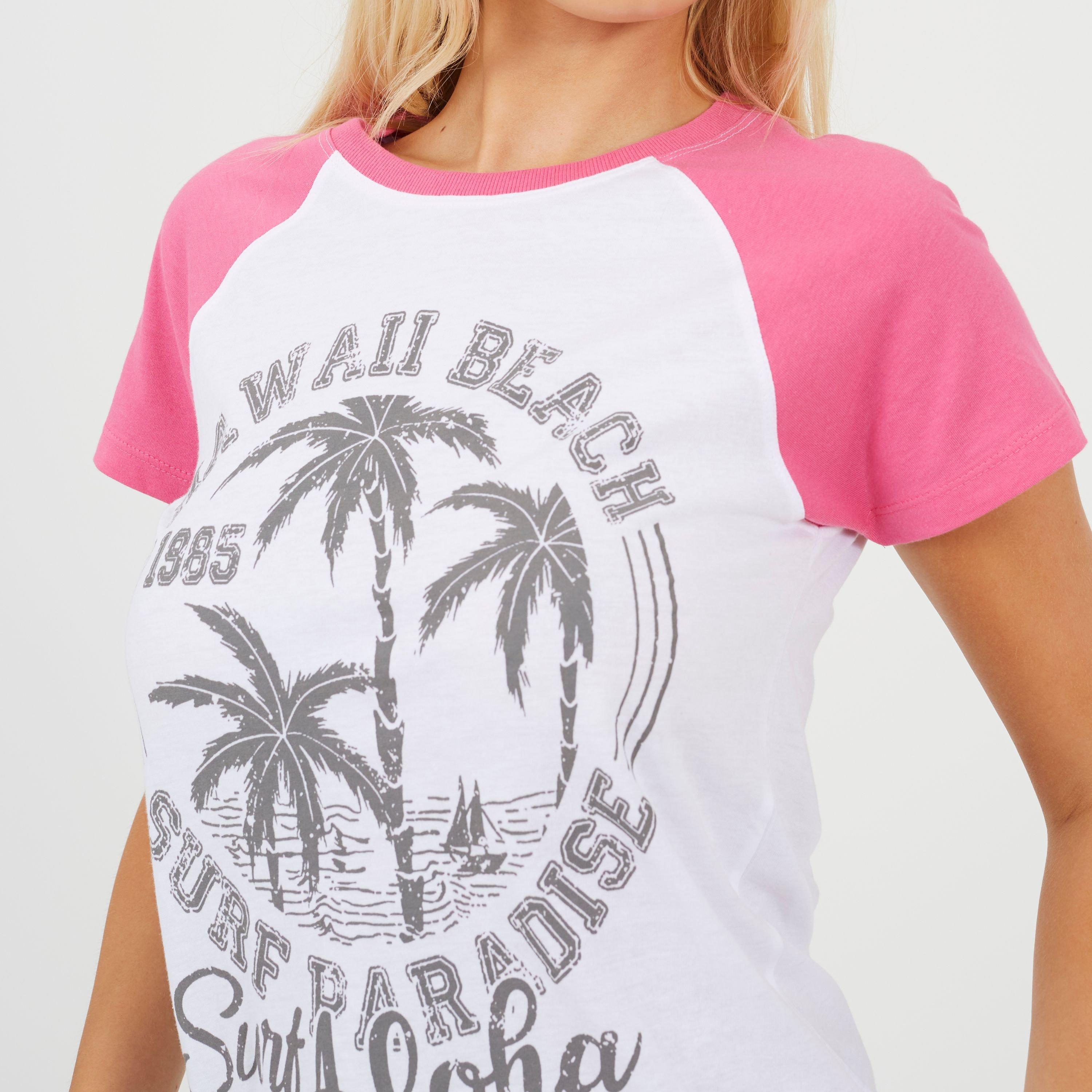 Blanco/Coral - Brave Soul - Womens Contrat Raglan Sleeve T-shirt with Hawaii Graphic - 3