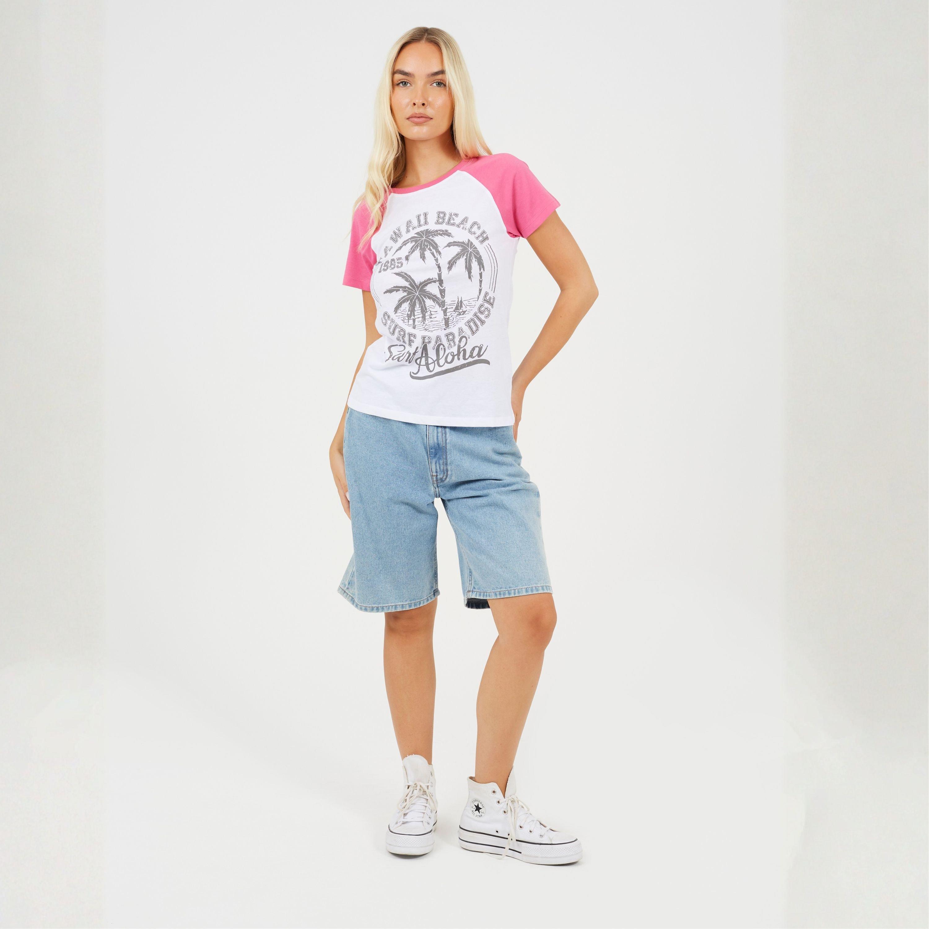 Blanco/Coral - Brave Soul - Womens Contrat Raglan Sleeve T-shirt with Hawaii Graphic - 4