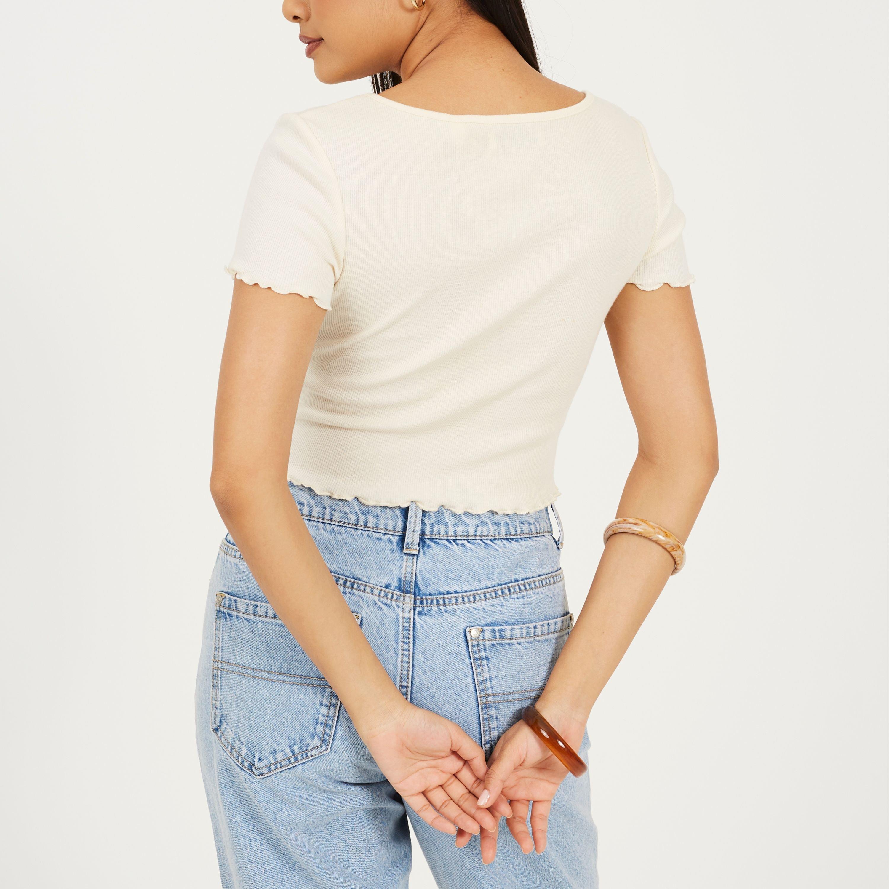 Cream - Brave Soul - BS Womens Lettuce Hem Button Through T-shirt - 2