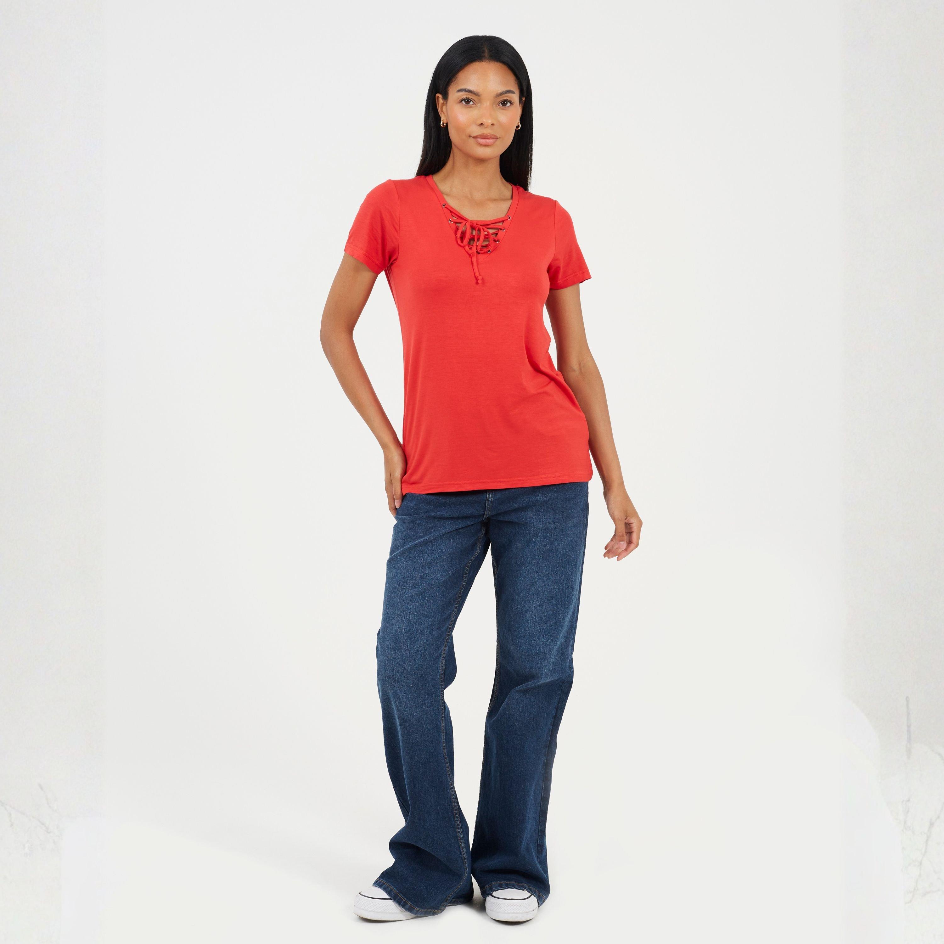 True Red - Brave Soul - Womens Tie Detail Eyelet Neck T-shirt - 4