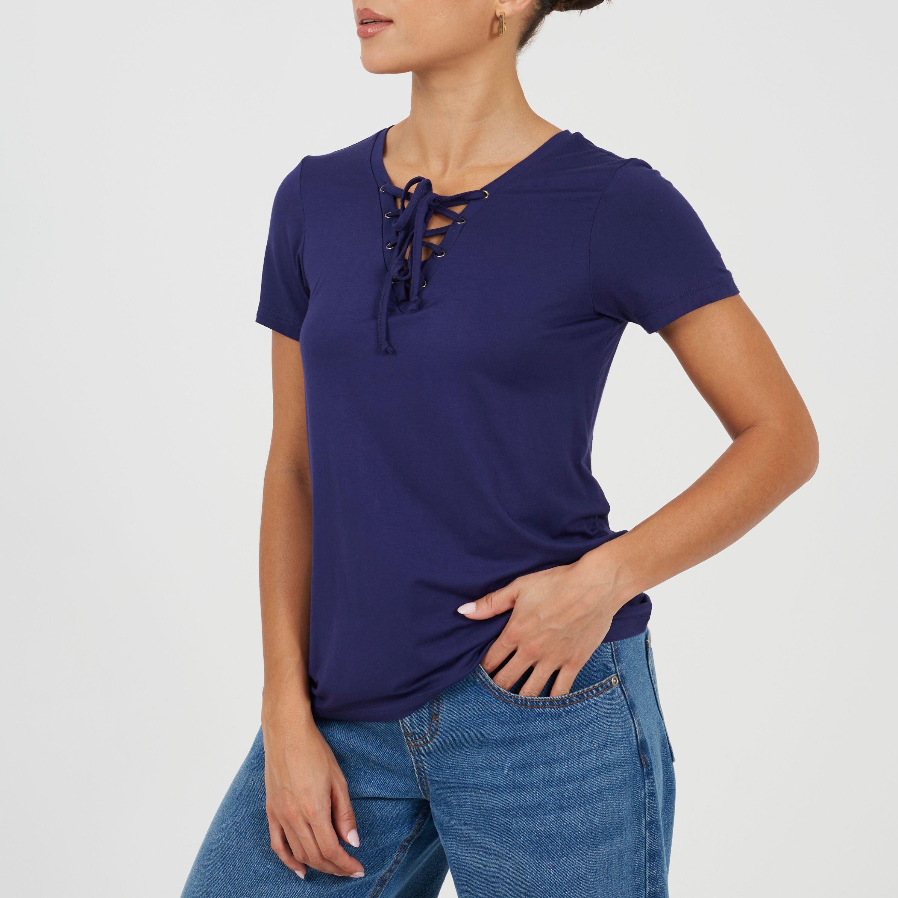 Summer Navy - Brave Soul - Womens Tie Detail Eyelet Neck T-shirt - 1