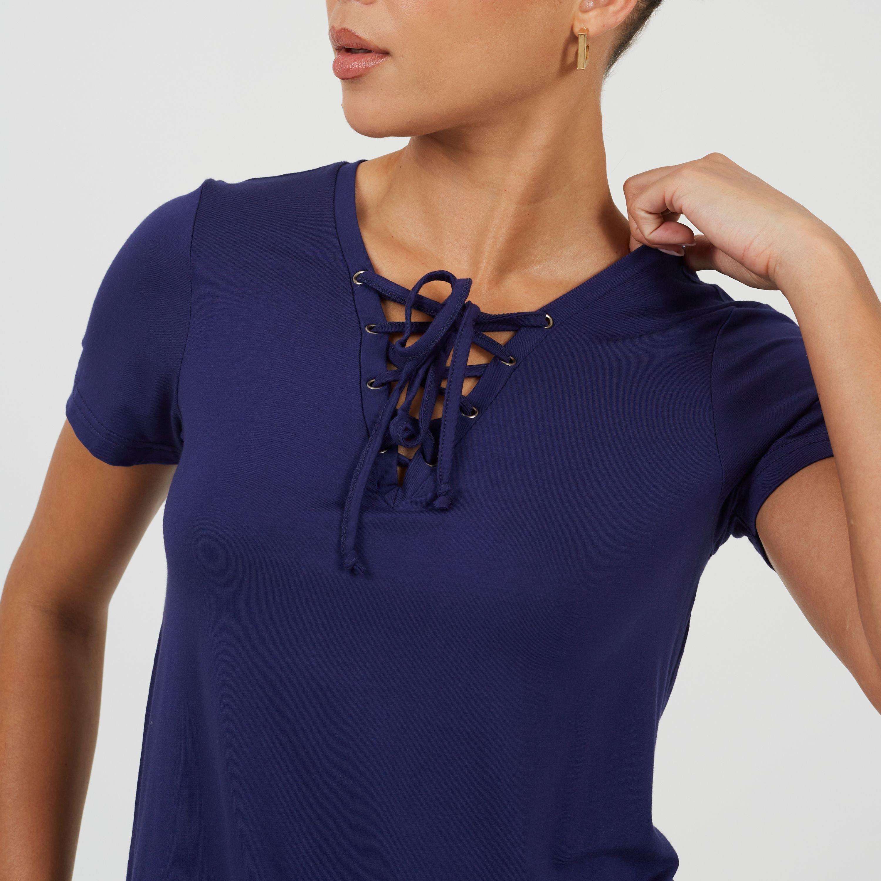 Zomer Marineblauw - Brave Soul - BS Womens Tie Detail Eyelet Neck T-shirt - 3