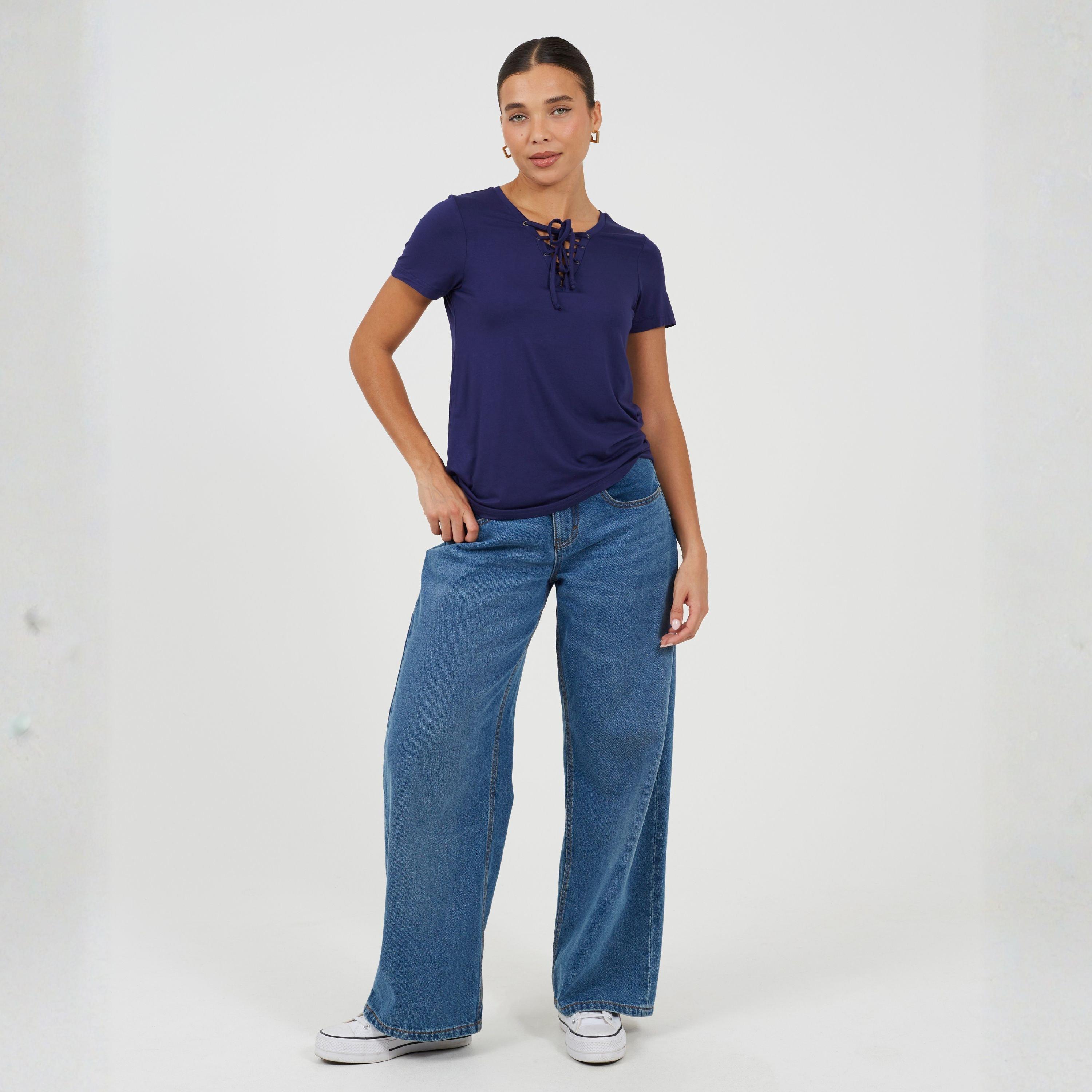 Zomer Marineblauw - Brave Soul - BS Womens Tie Detail Eyelet Neck T-shirt - 4