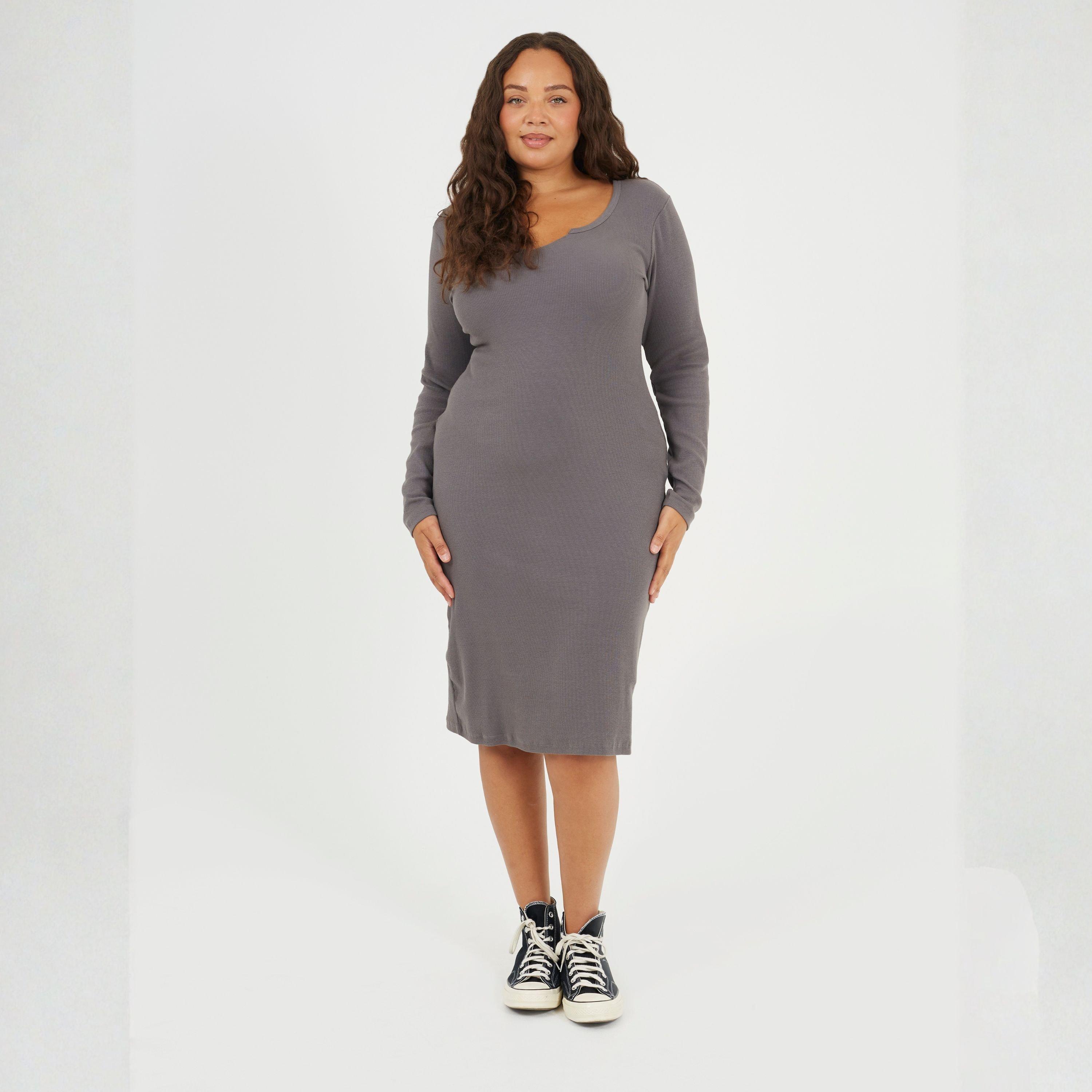 Slate - Brave Soul - Womens Plus Size Long Sleeve Midi Dress with Notch Neck Detail - 4