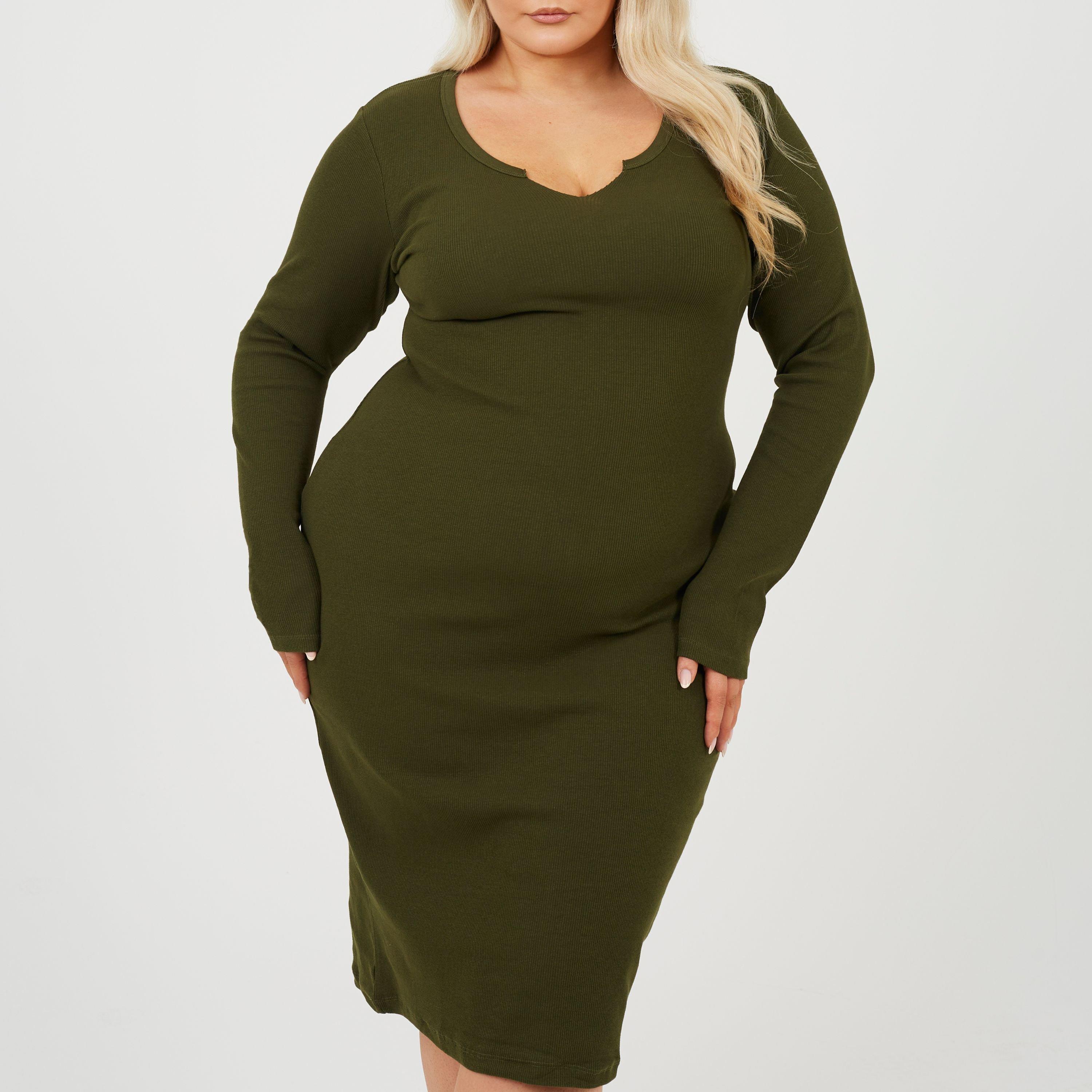Brave Soul Women's Plus Size Long Sleeve Midi Dress With Notch Neck Detail - Dark Khaki - 22 (4XL)