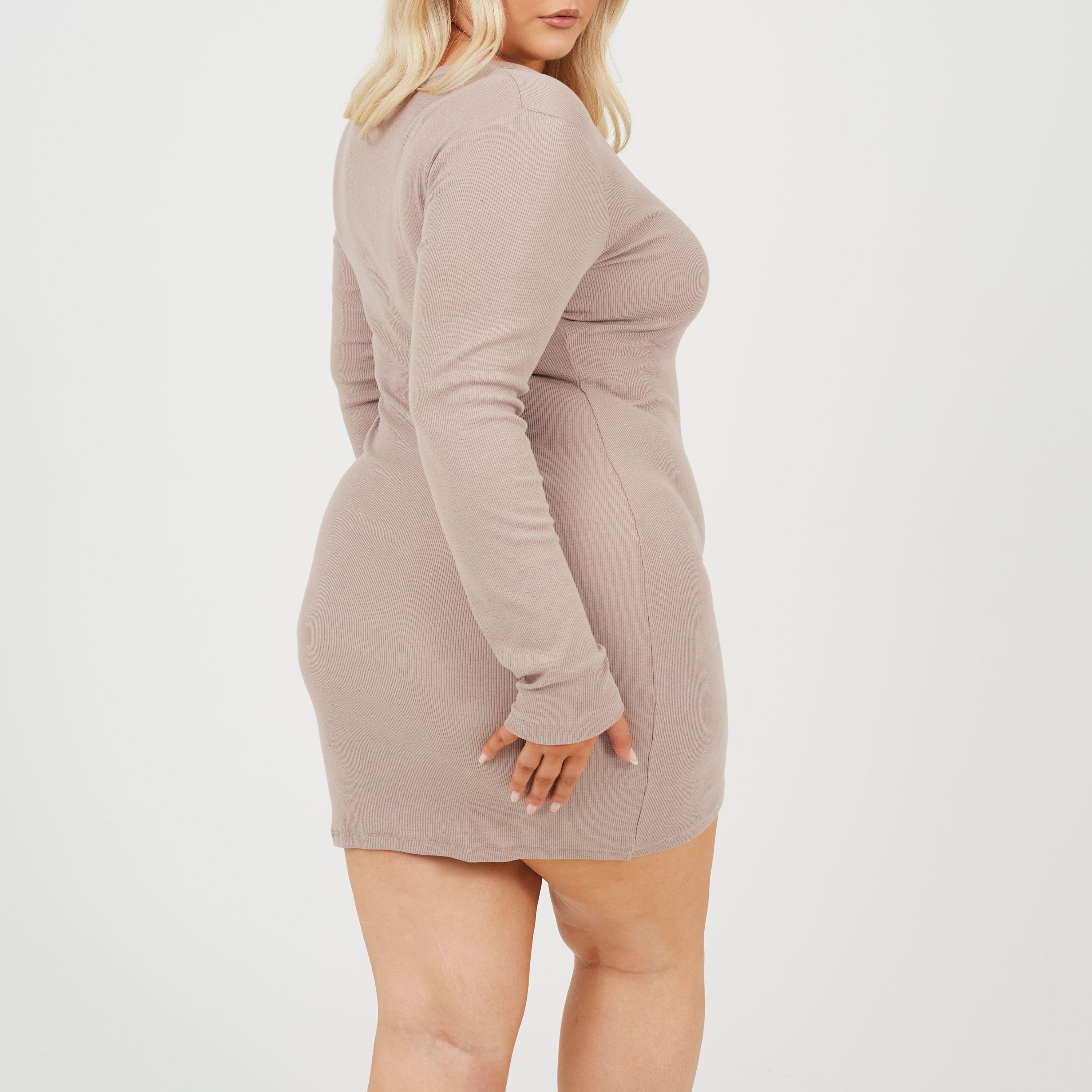 Taupe Sombre - Brave Soul - Plus Size Long Sleeve Mini Dress with Notch Neck Detail - 2