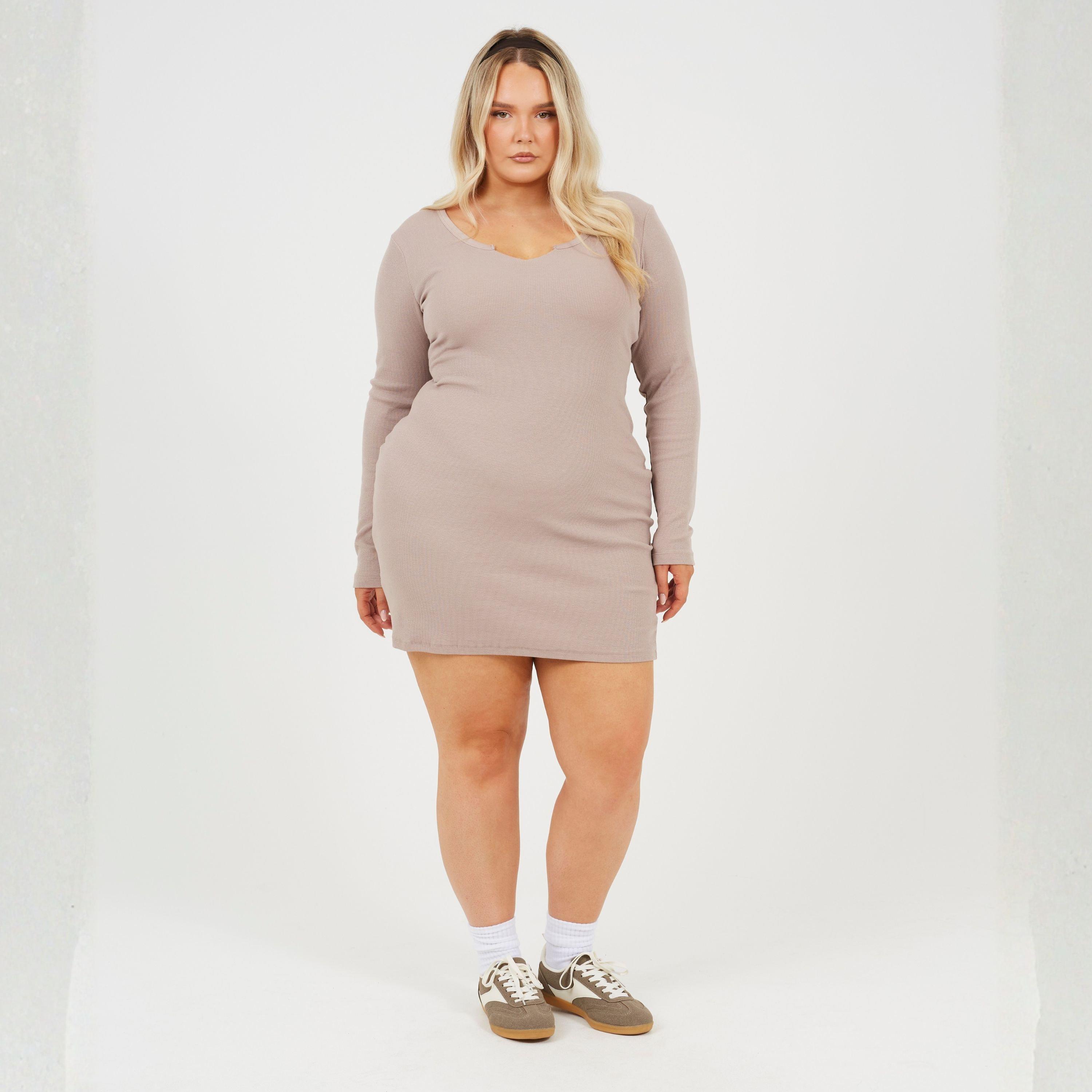 Taupe Sombre - Brave Soul - Plus Size Long Sleeve Mini Dress with Notch Neck Detail - 4
