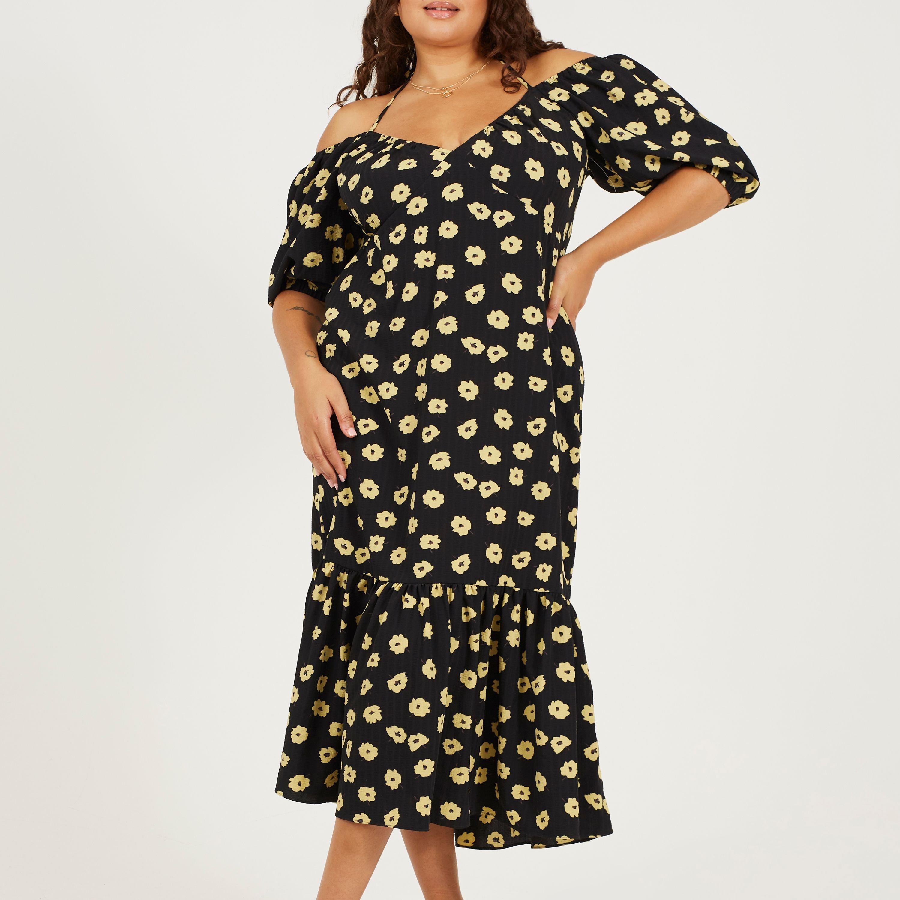 Black/Yellow - Brave Soul - Plus Size Tiered Floral Midi Dress with Adjustable Sleeves - 1