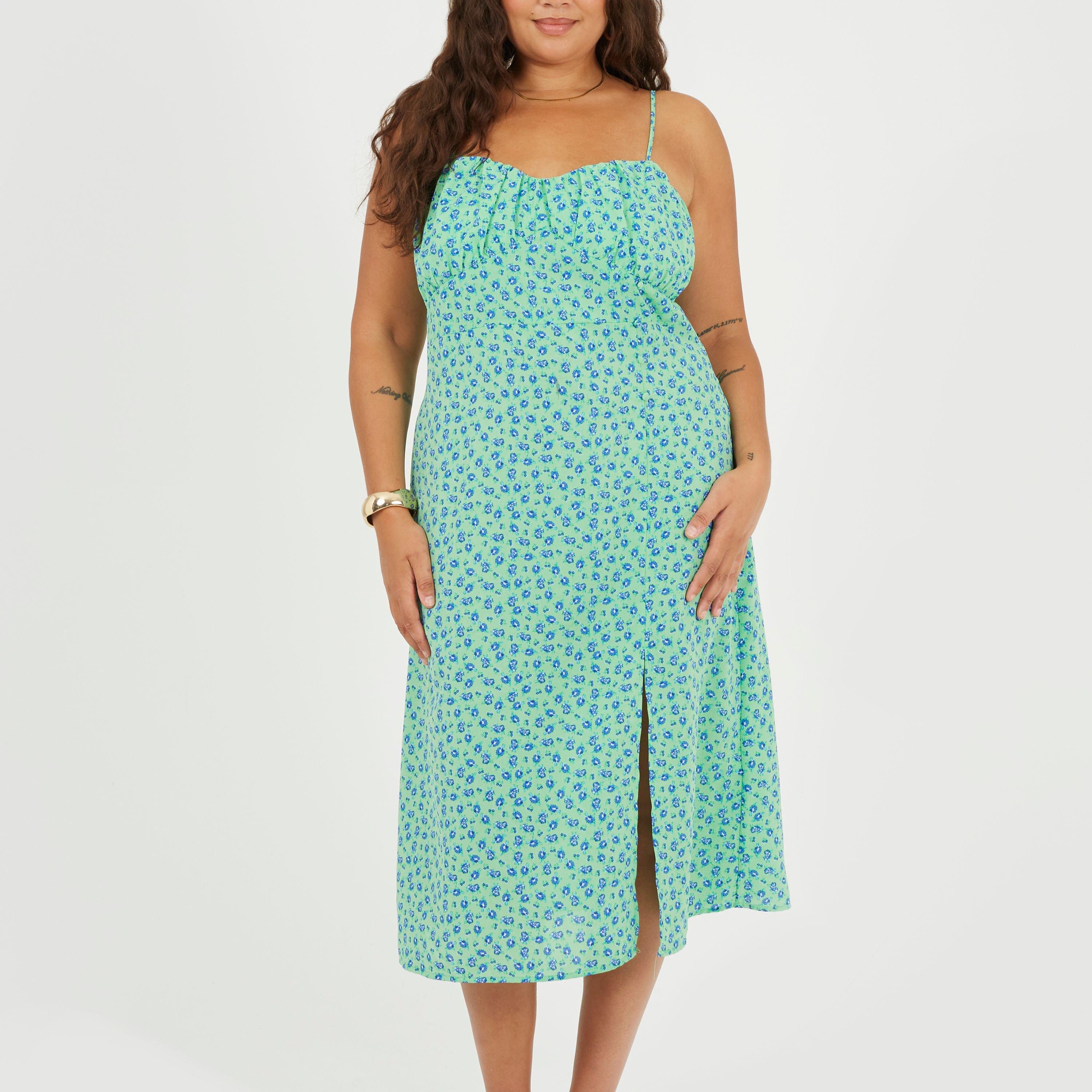 Brave Soul Women's Bs Plus Size Strappy Floral Midi Dress With Split Detail - Green/Blue - 24 (5XL)