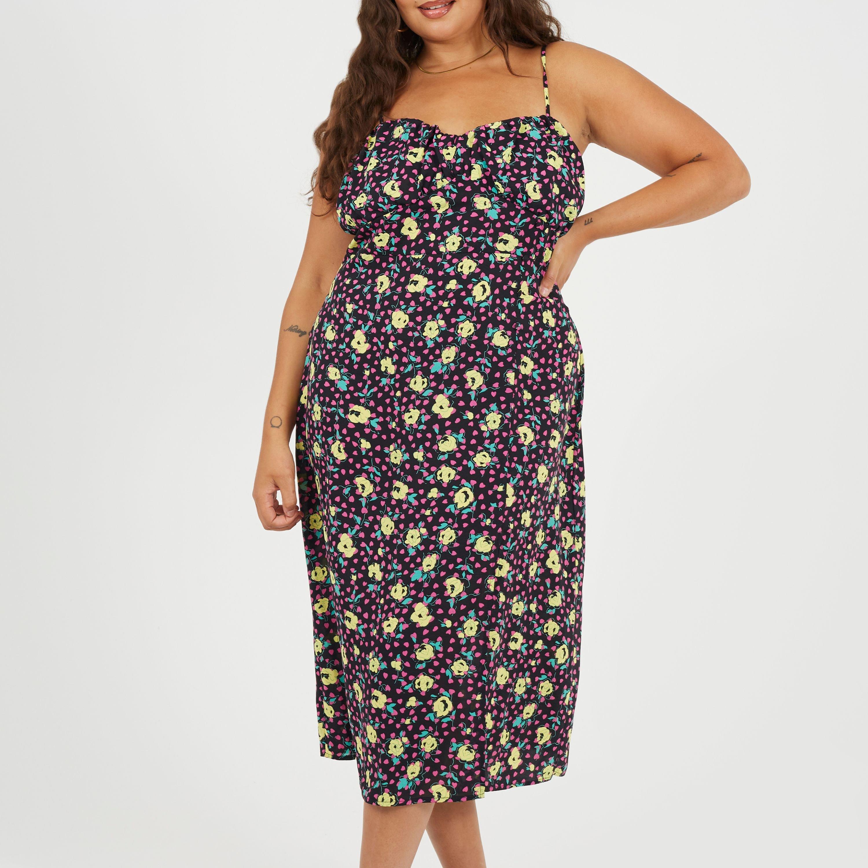 Blk/Grn/Ylw - Brave Soul - BS Plus Size Strappy Floral Midi Dress with Split Detail - 1