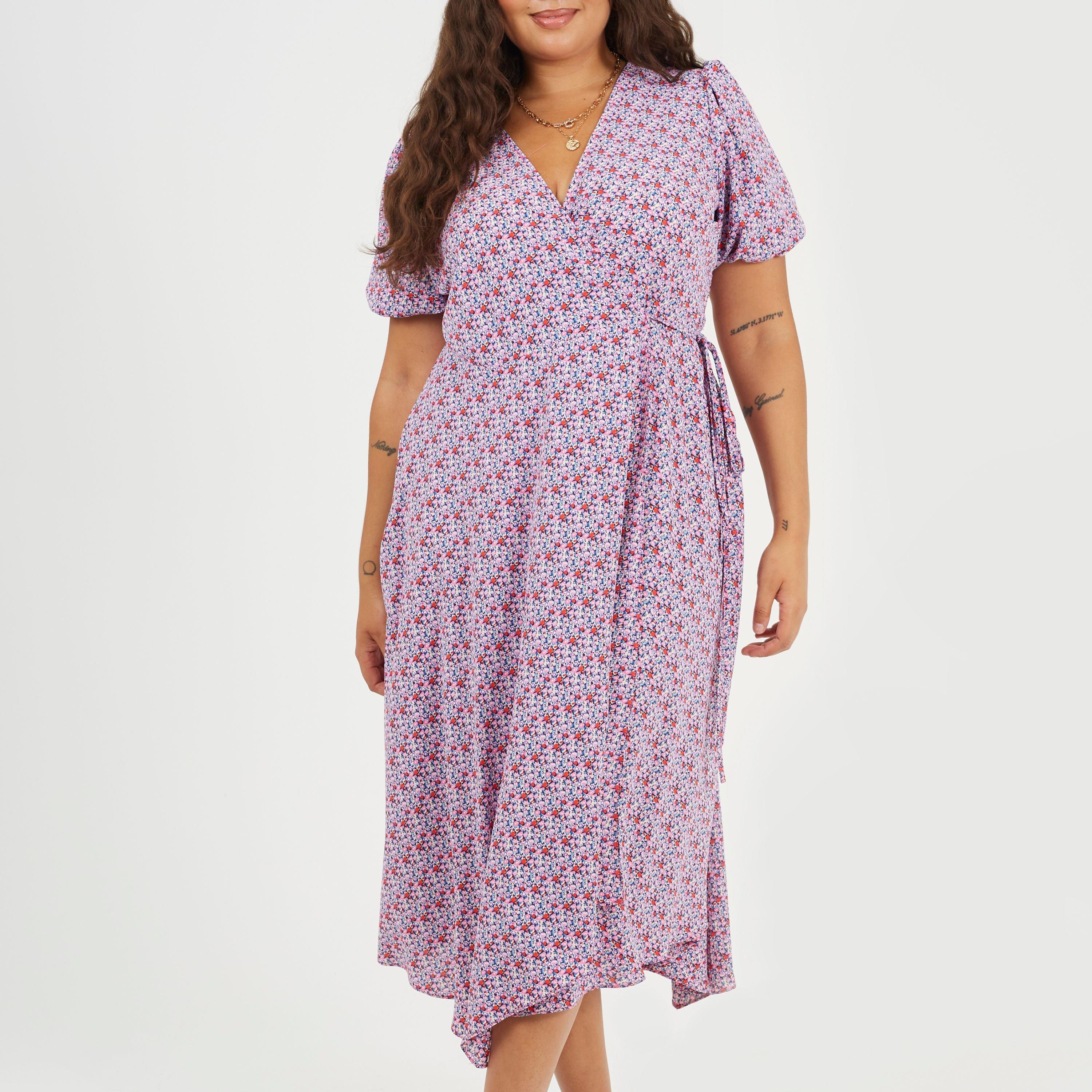 Pink - Brave Soul - Plus Size Wrap Midi Dress with Floral Print - 1