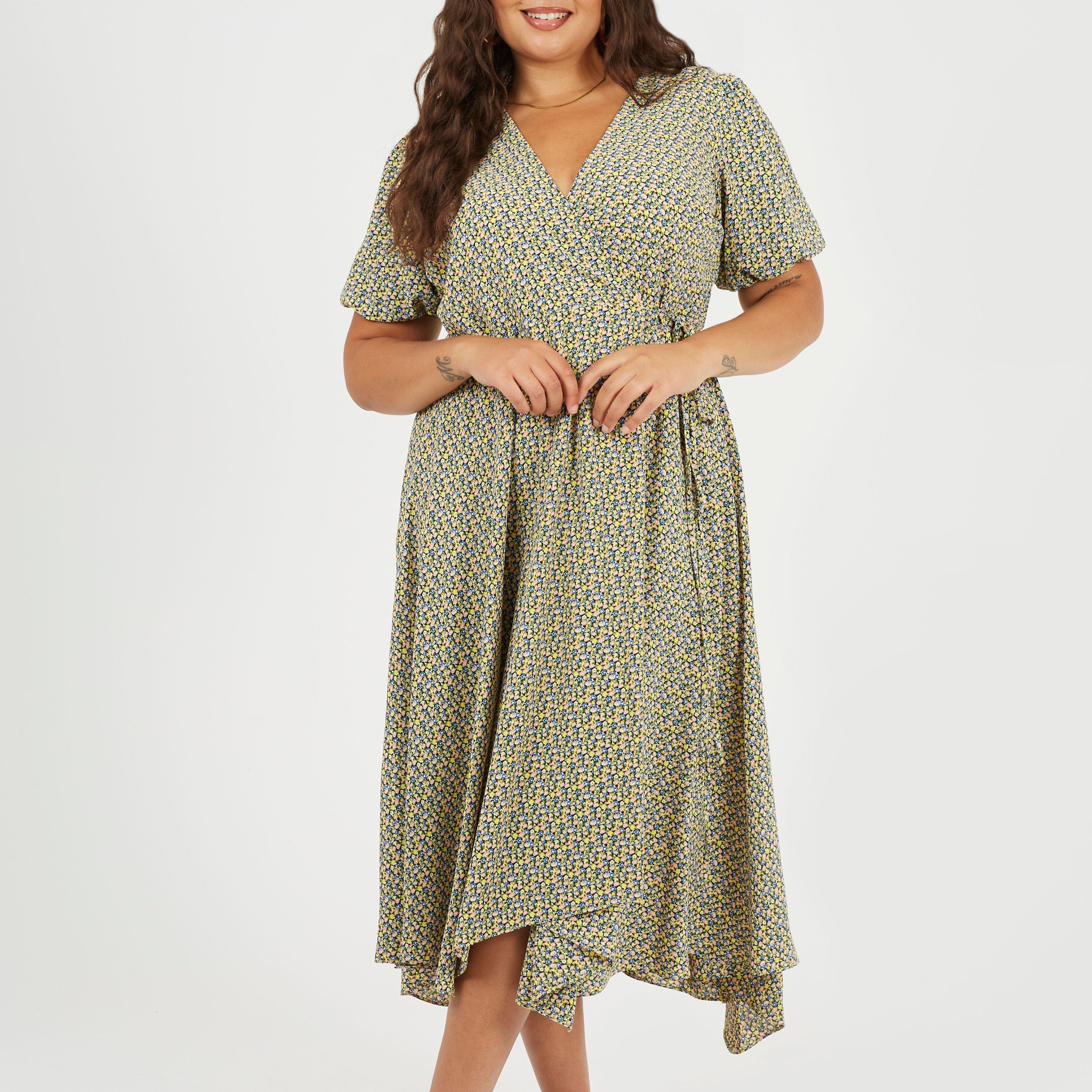 Brave Soul Women's Plus Size Wrap Midi Dress With Floral Print - Yellow - 22 (4XL)