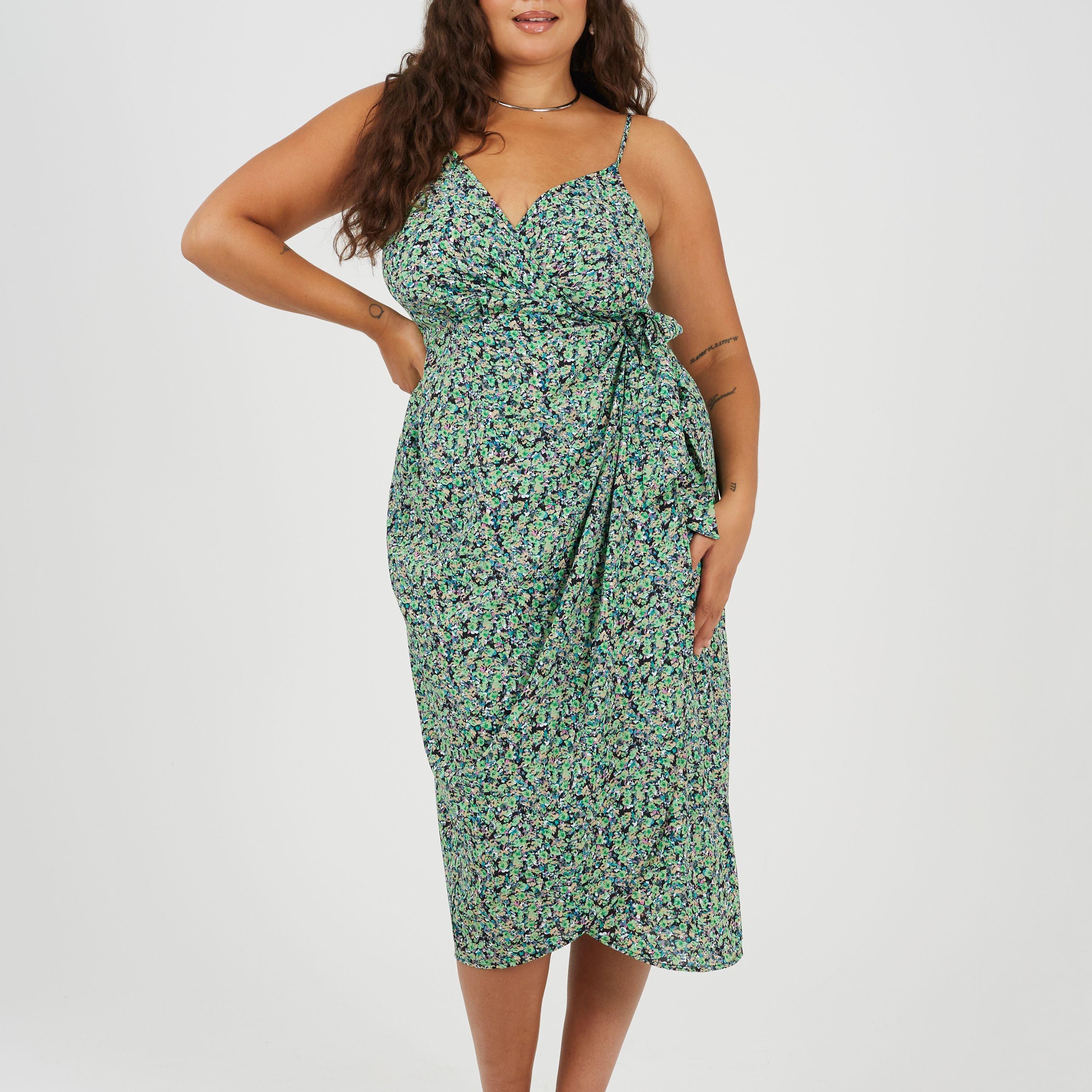 Plus Size Knot Front Strappy Midi Dress with Floral Print