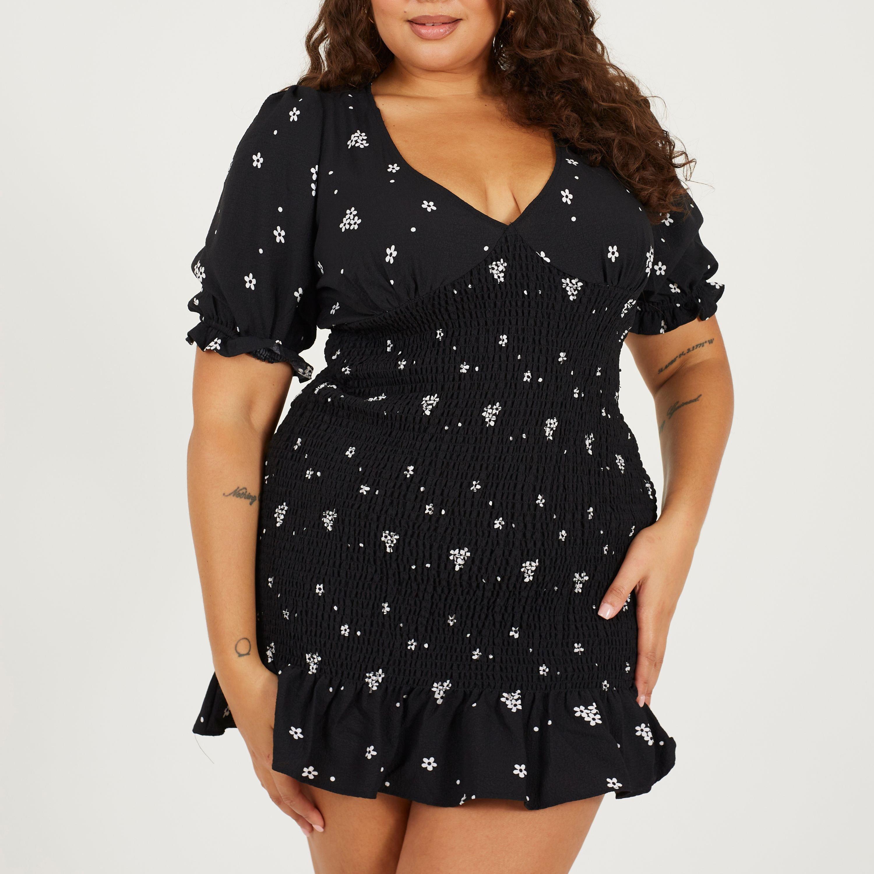 Black/White - Brave Soul - Plus Size Puff Sleeve Mini Dress with Frill Hem - 1