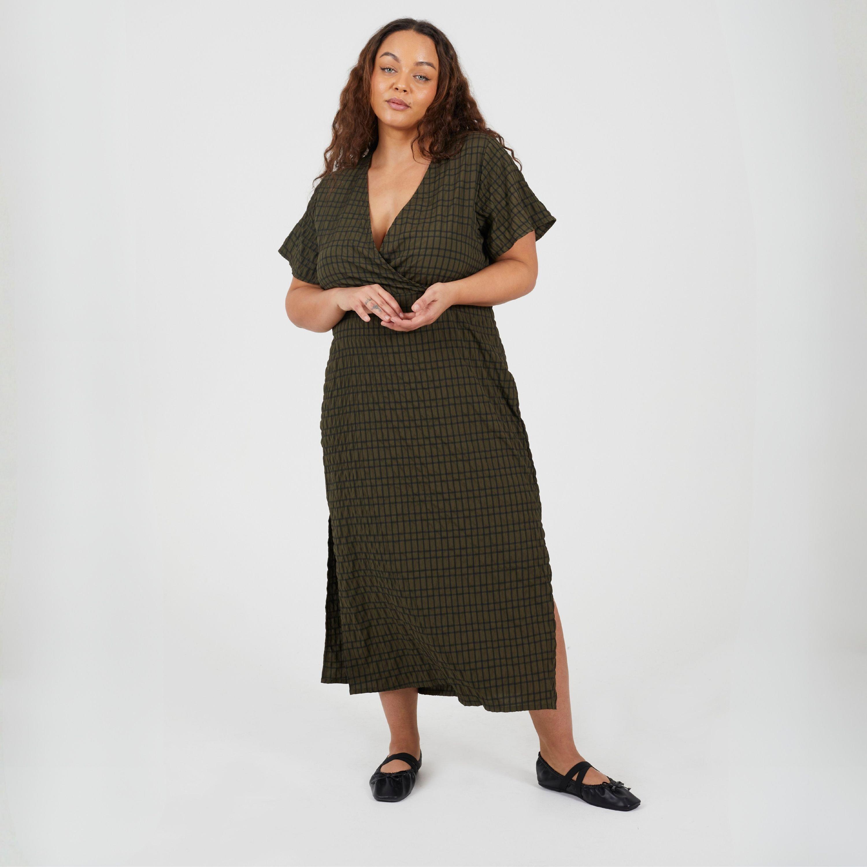Khaki/Black - Brave Soul - BS Plus Size Midi Dress with Tie Detail - 4