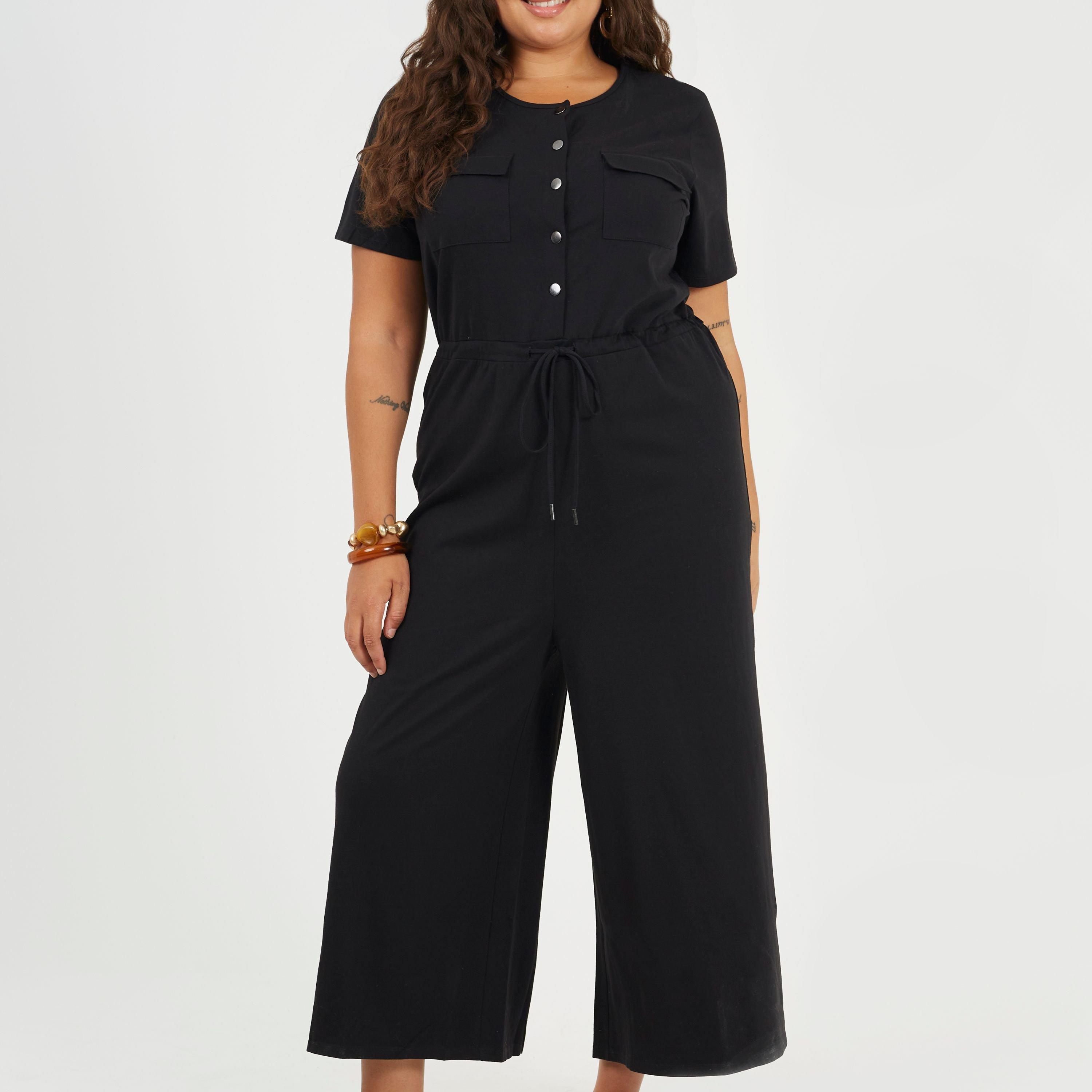 Black - Brave Soul - Plus Size Utility Style Jumpsuit with Drawcord Waist - 1