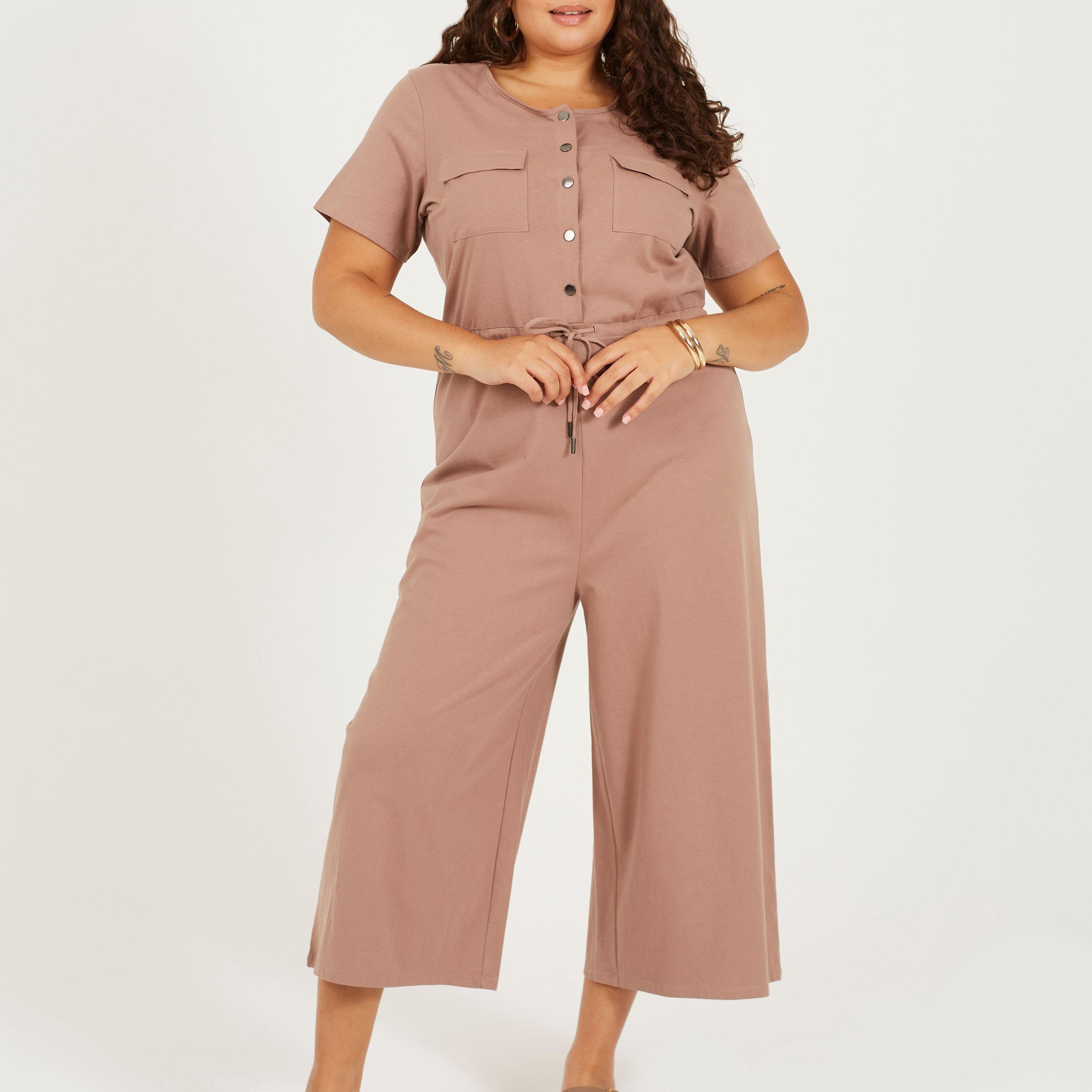 Mushroom - Brave Soul - Plus Size Utility Style Jumpsuit with Drawcord Waist - 1