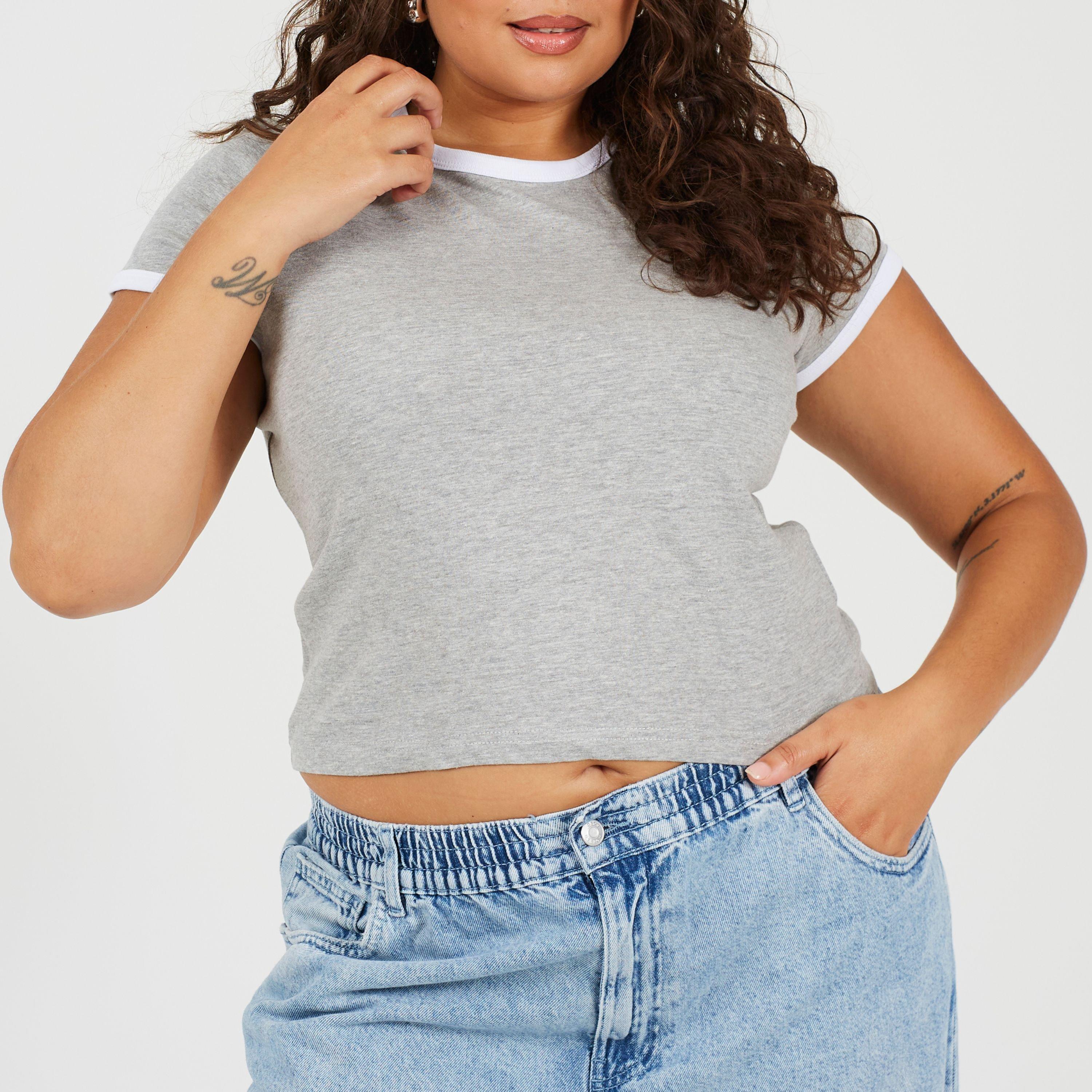 Grey/White - Brave Soul - Plus Size Short Sleeve T-shit with Contrast Neck and Sleeve Rib - 1