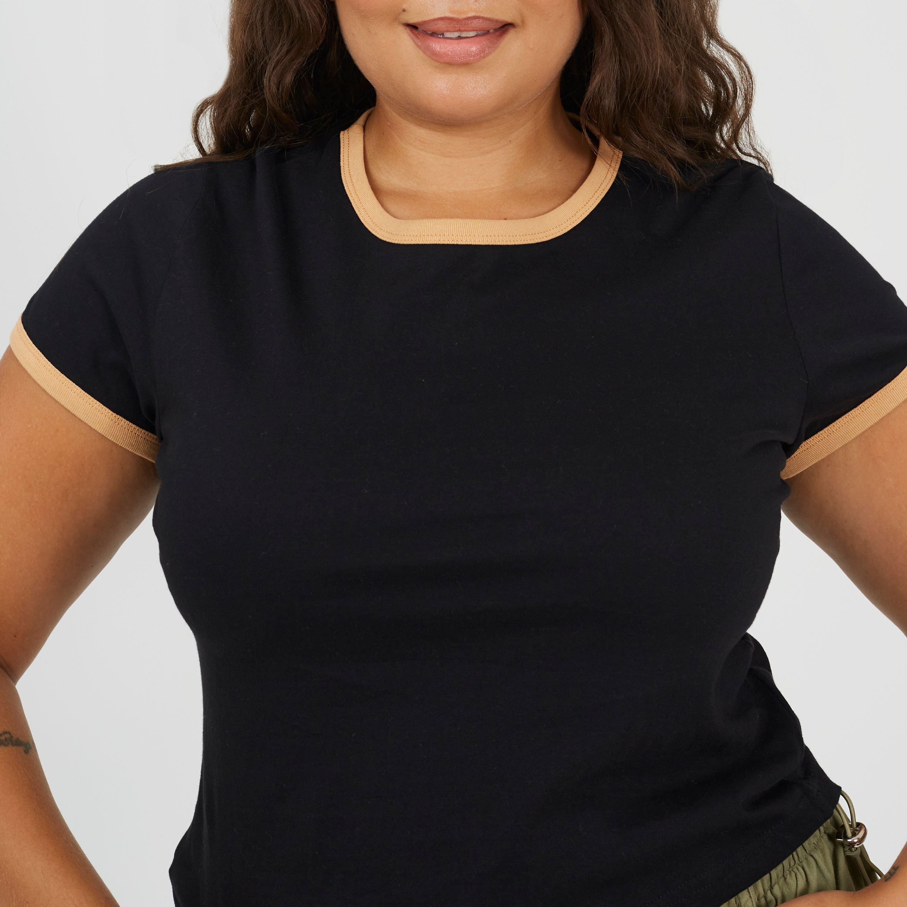 Sort/Kamel - Brave Soul - Plus Size Short Sleeve T-shit with Contrast Neck and Sleeve Rib - 3