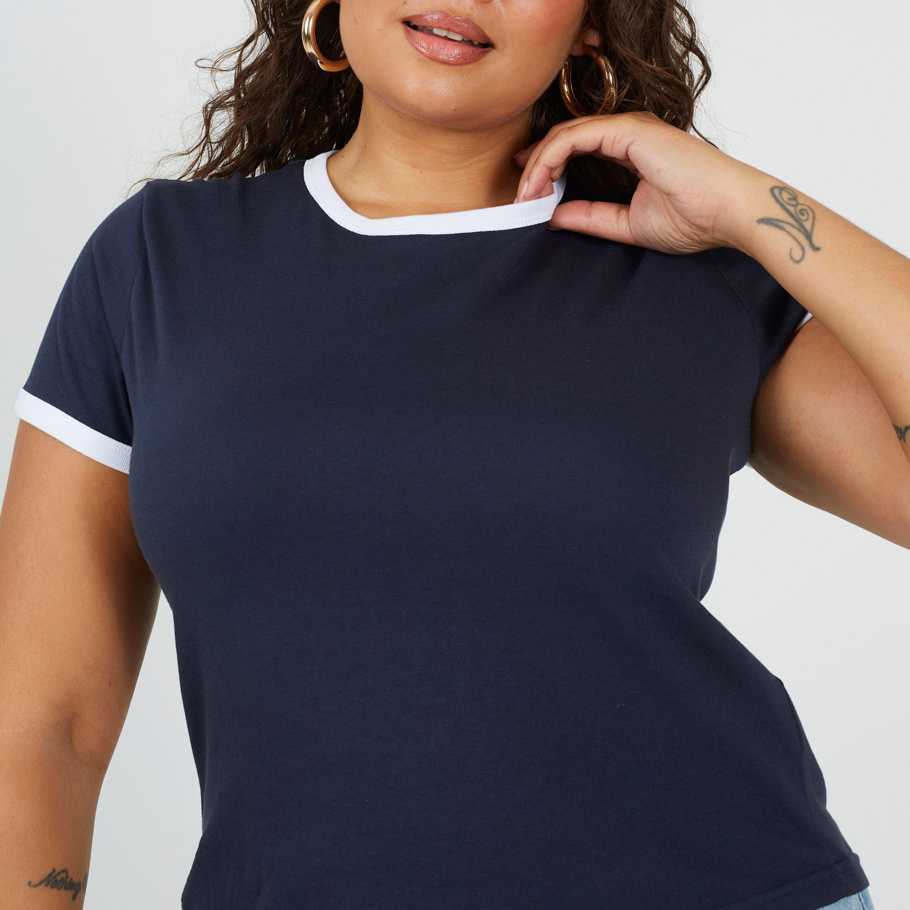 Navy/White - Brave Soul - Plus Size Short Sleeve T-shit with Contrast Neck and Sleeve Rib - 3