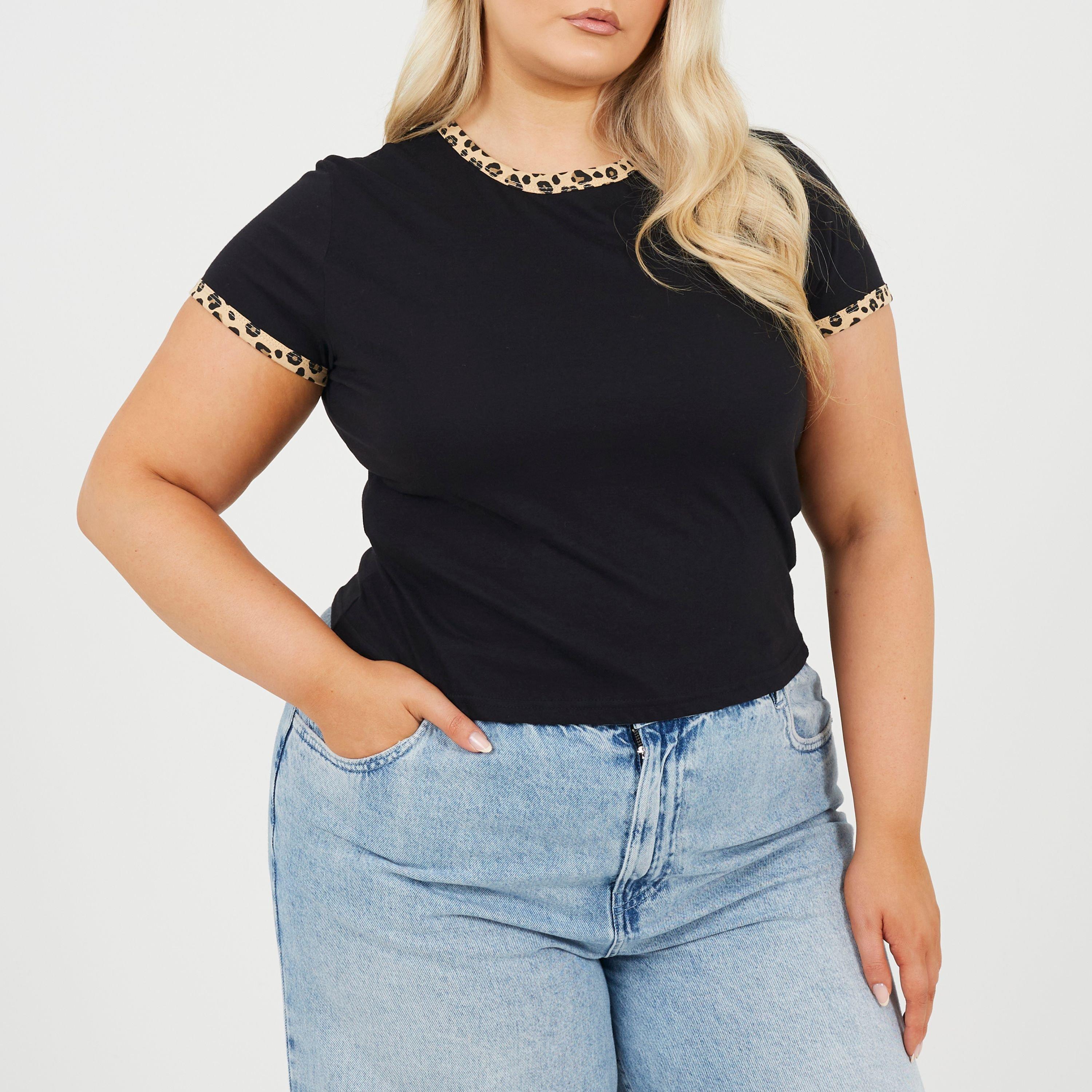 Black/Leopard - Brave Soul - Plus Size Short Sleeve T-shit with Leopard Print Neck and Sleeve Rib - 1
