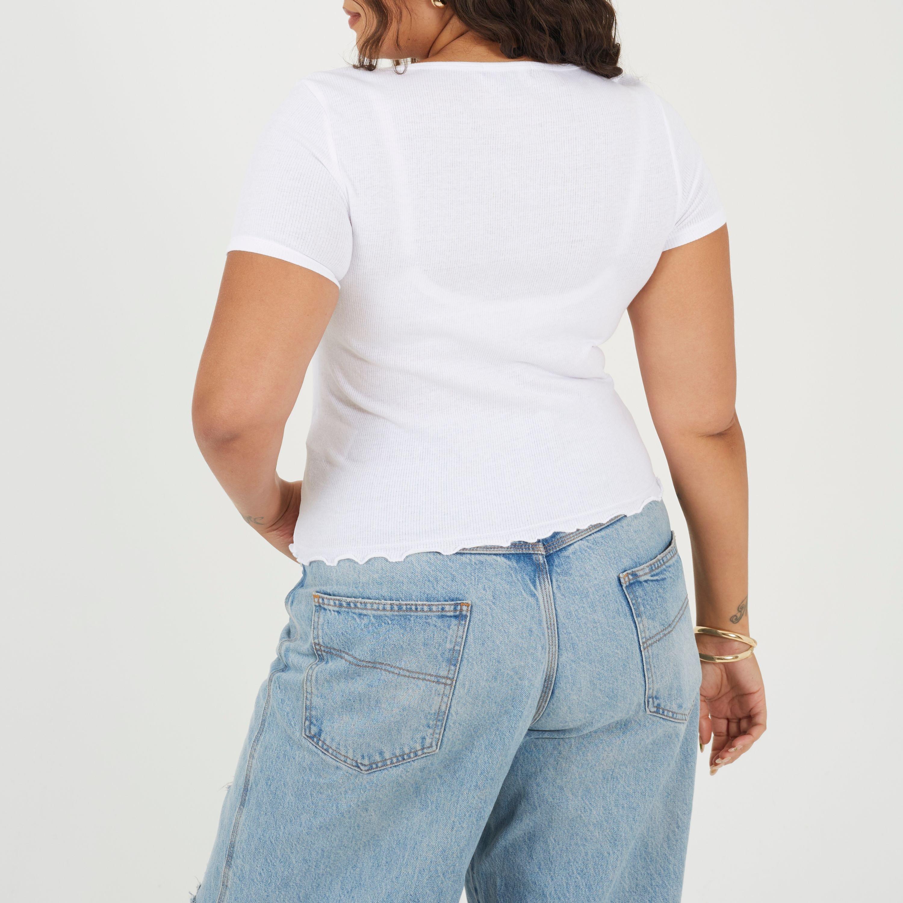 White - Brave Soul - Plus Size Button Through Short Sleeve Top with Lettuce Hem - 2