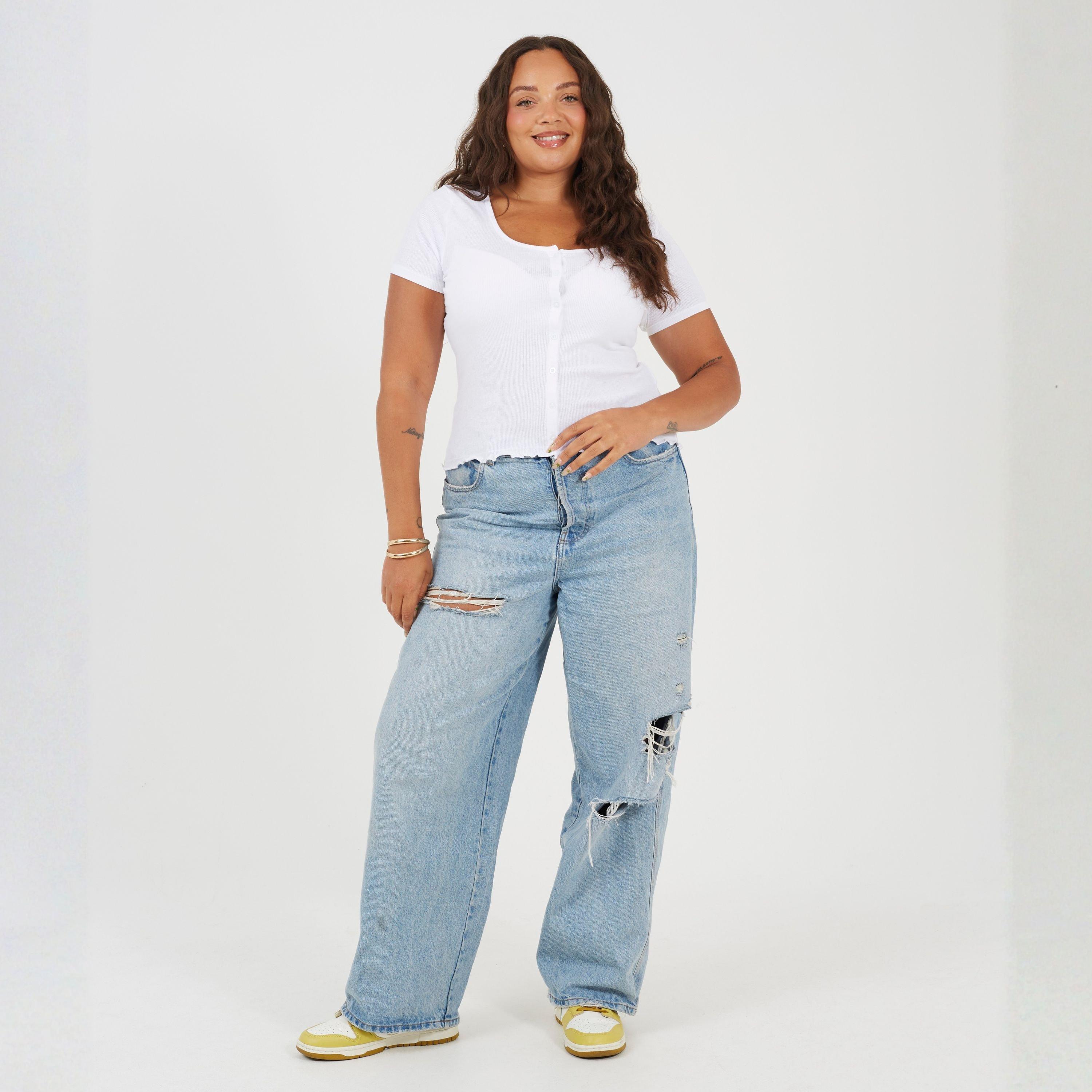 White - Brave Soul - Plus Size Button Through Short Sleeve Top with Lettuce Hem - 4