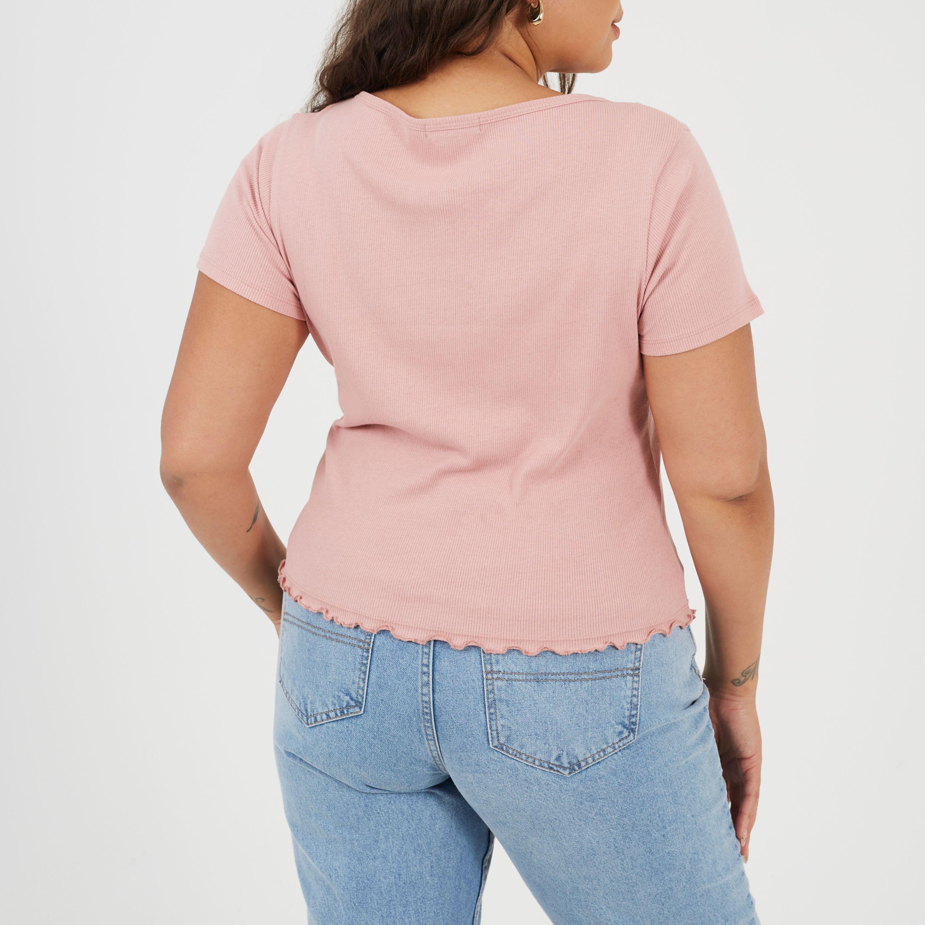 Dusty Rose - Brave Soul - Plus Size Button Through Short Sleeve Top with Lettuce Hem - 2