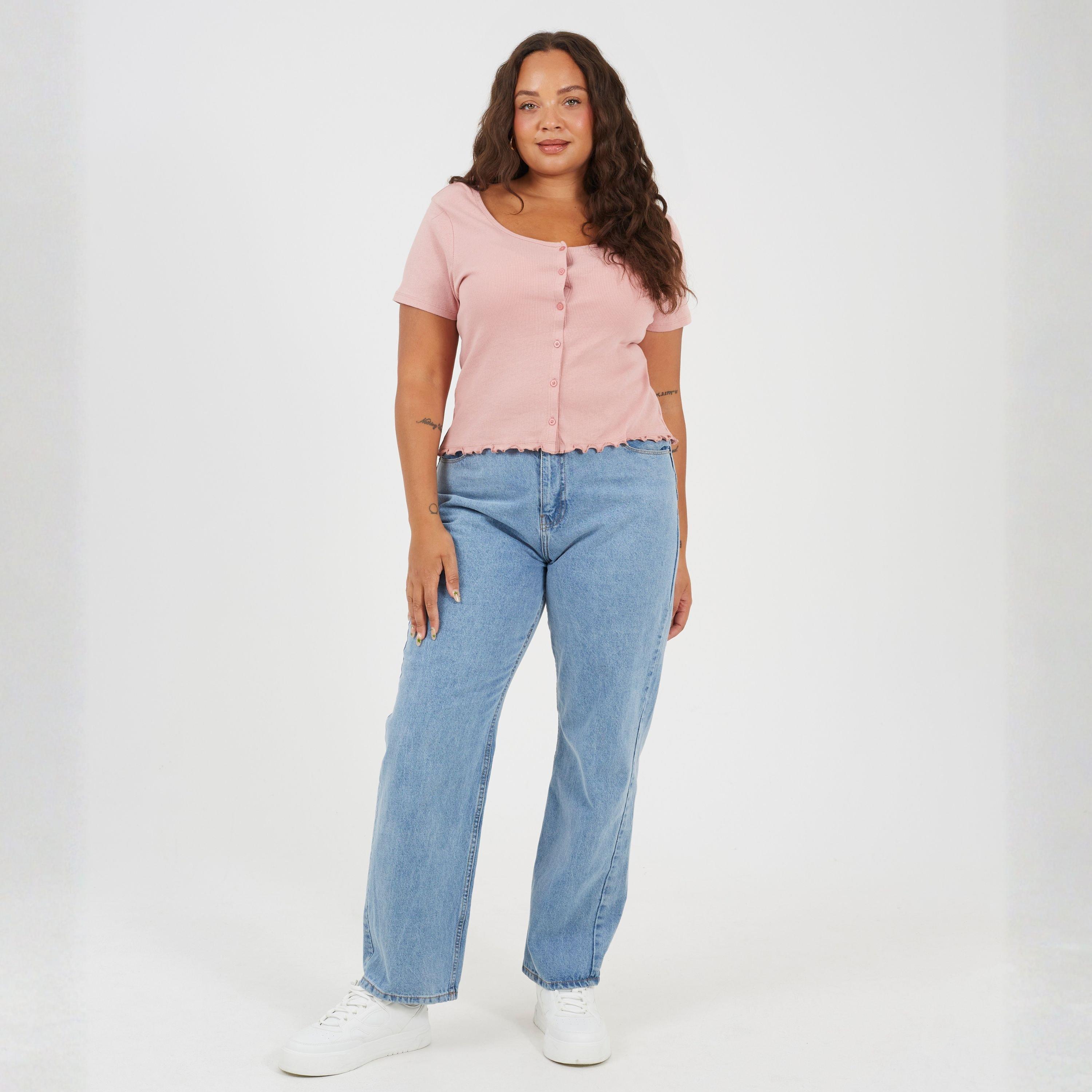 Dusty Rose - Brave Soul - Plus Size Button Through Short Sleeve Top with Lettuce Hem - 4
