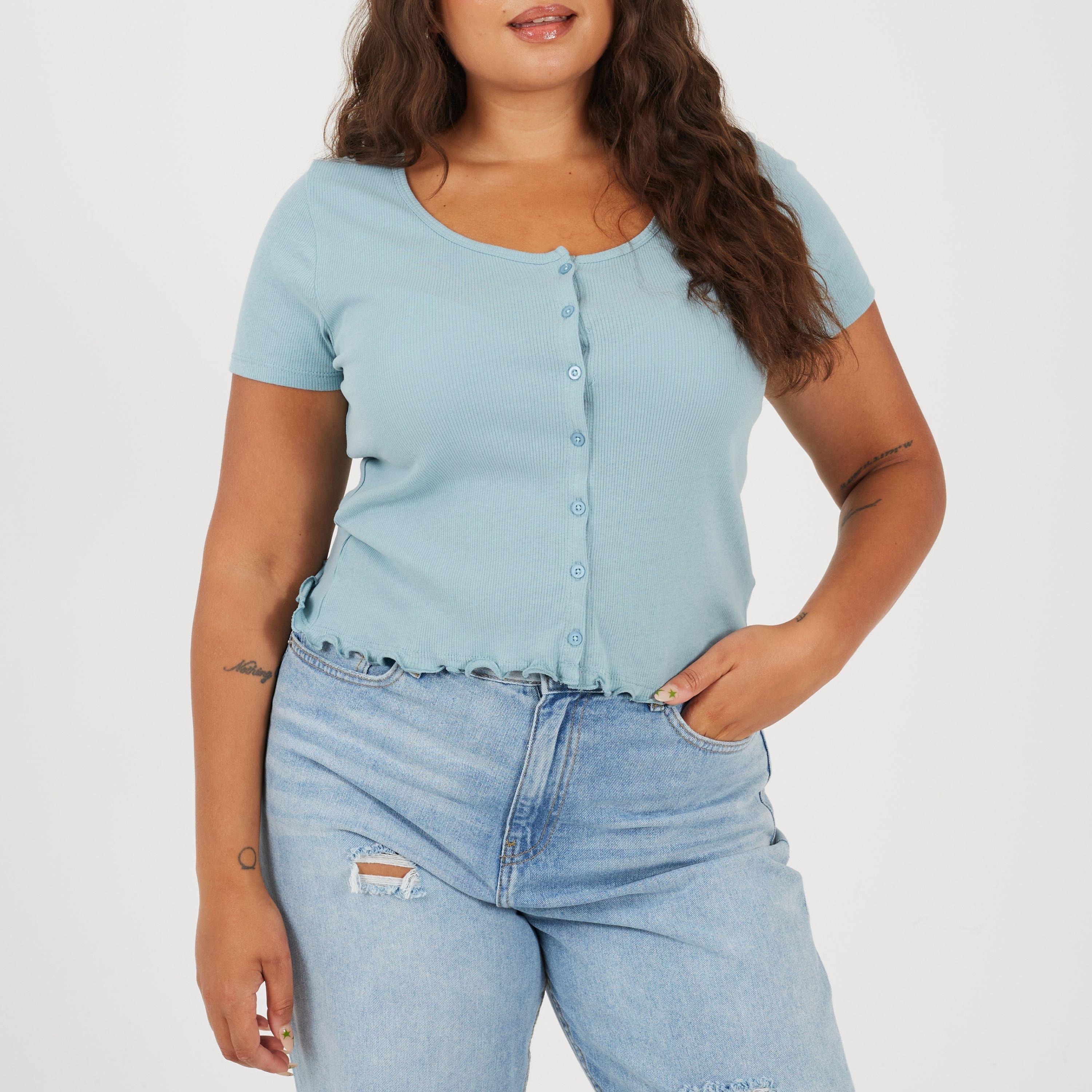 Duck Egg - Brave Soul - Plus Size Button Through Short Sleeve Top with Lettuce Hem - 1