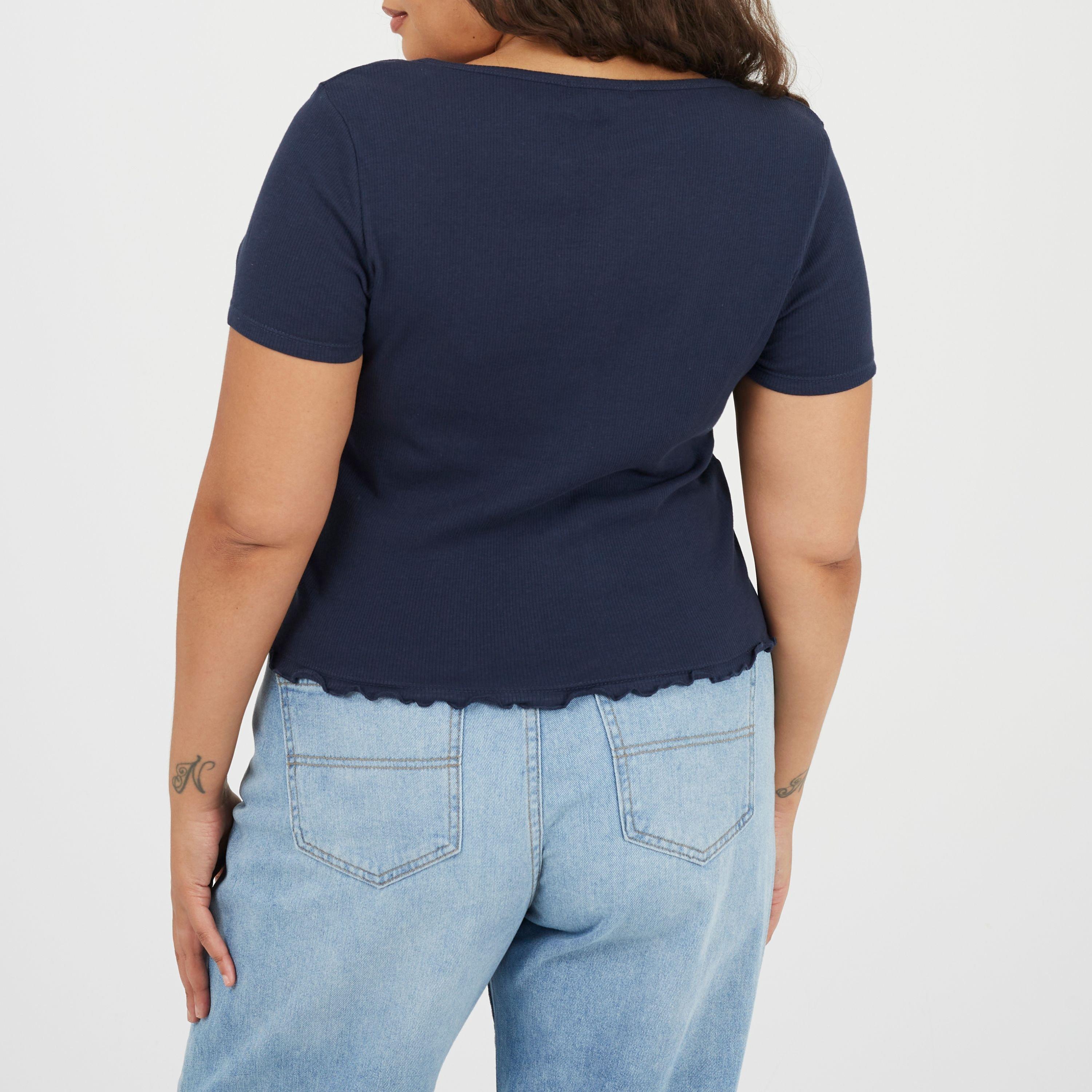 Marine - Brave Soul - Plus Size Button Through Short Sleeve Top with Lettuce Hem - 2