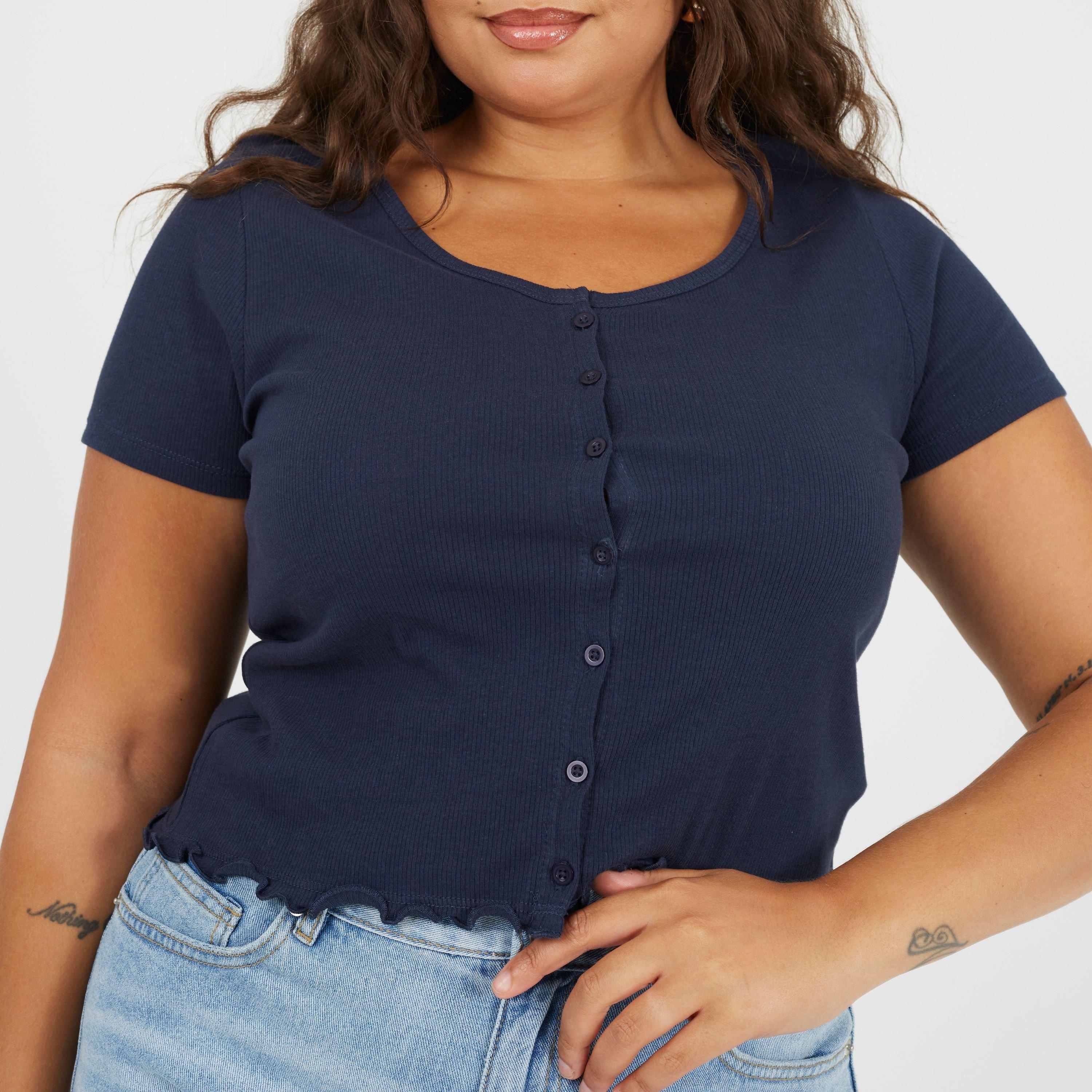 Marine - Brave Soul - Plus Size Button Through Short Sleeve Top with Lettuce Hem - 3