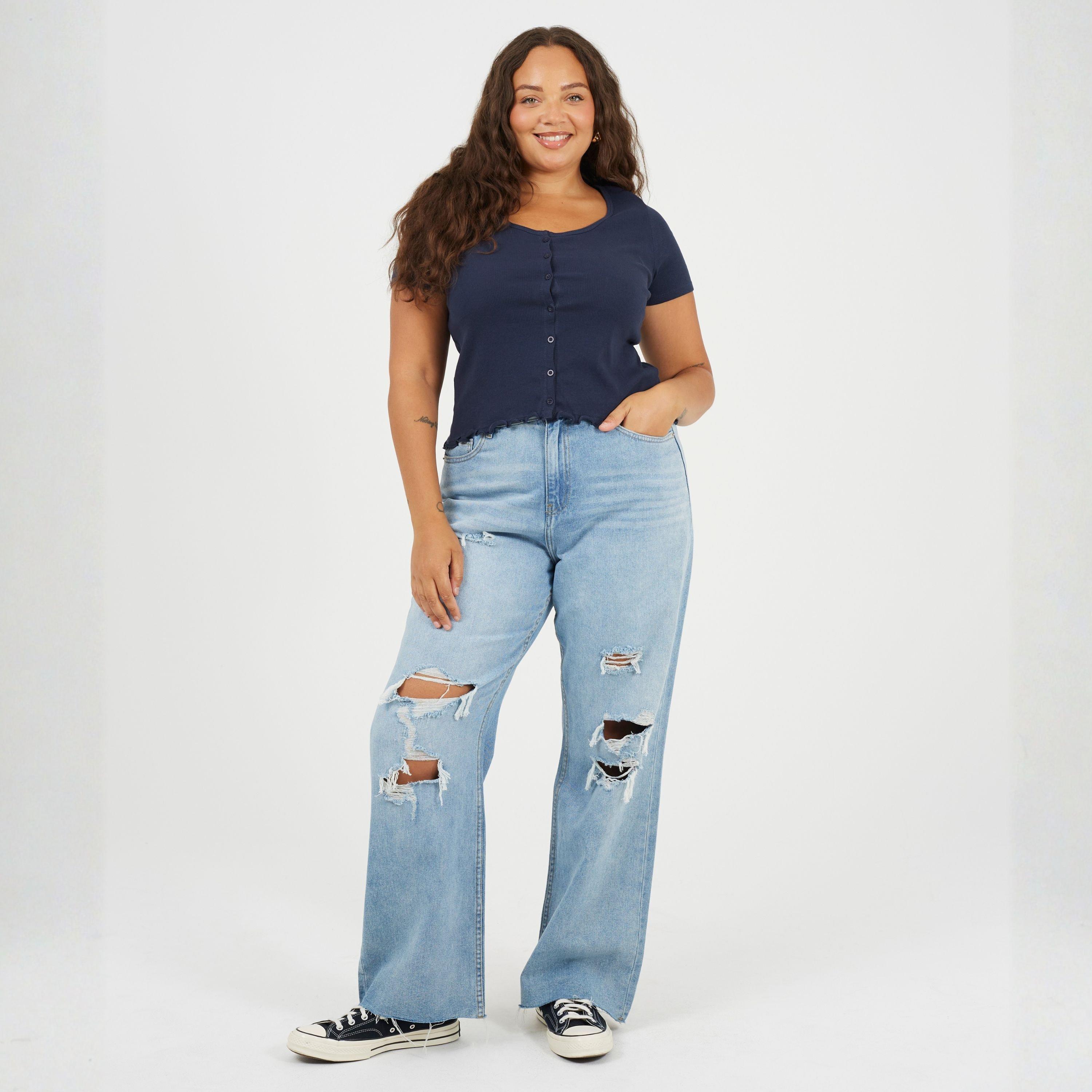 Marine - Brave Soul - Plus Size Button Through Short Sleeve Top with Lettuce Hem - 4
