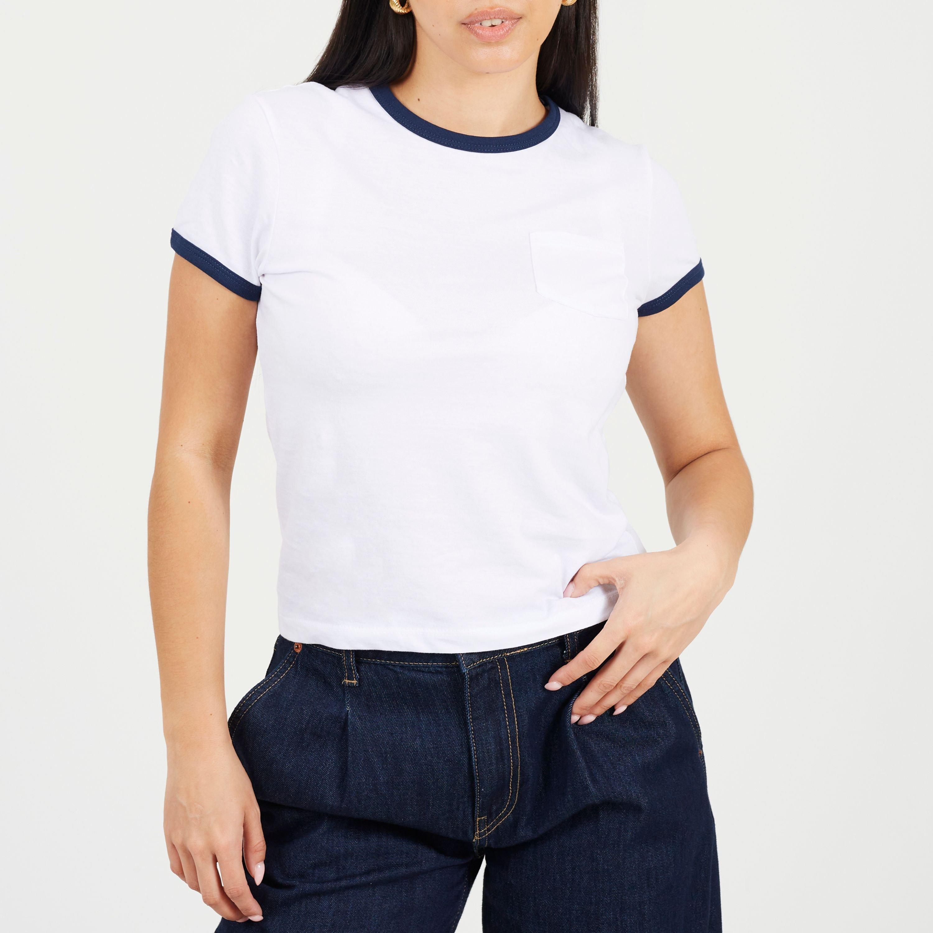 Brave Soul Women's Short Sleeve Chest Pocket T-Shit With Contrast Neck And Sleeve Rib - White/Navy - 10 (S)