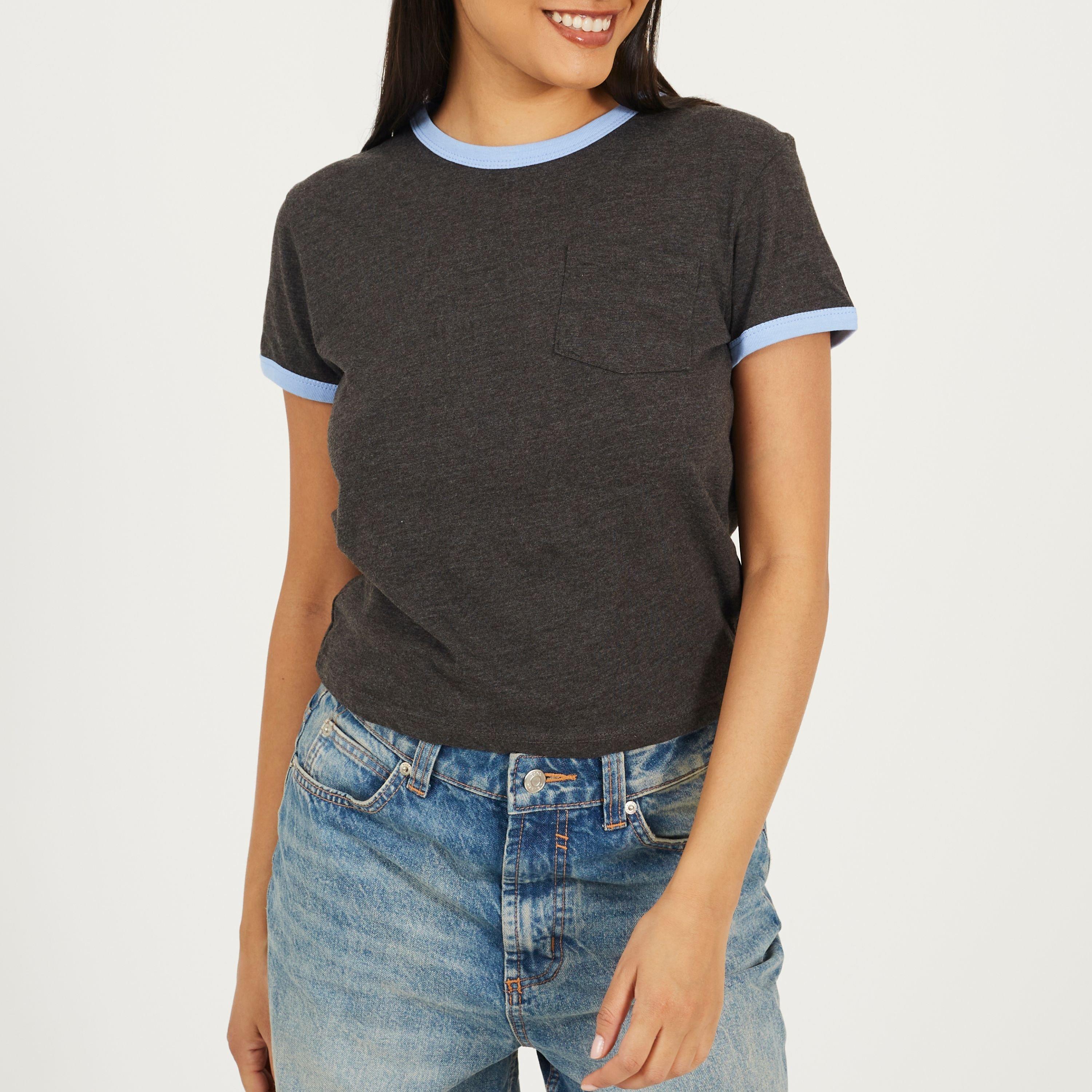 Brave Soul Women's Short Sleeve Chest Pocket T-Shit With Contrast Neck And Sleeve Rib - Charcoal/Crnflw - 8 (XS)