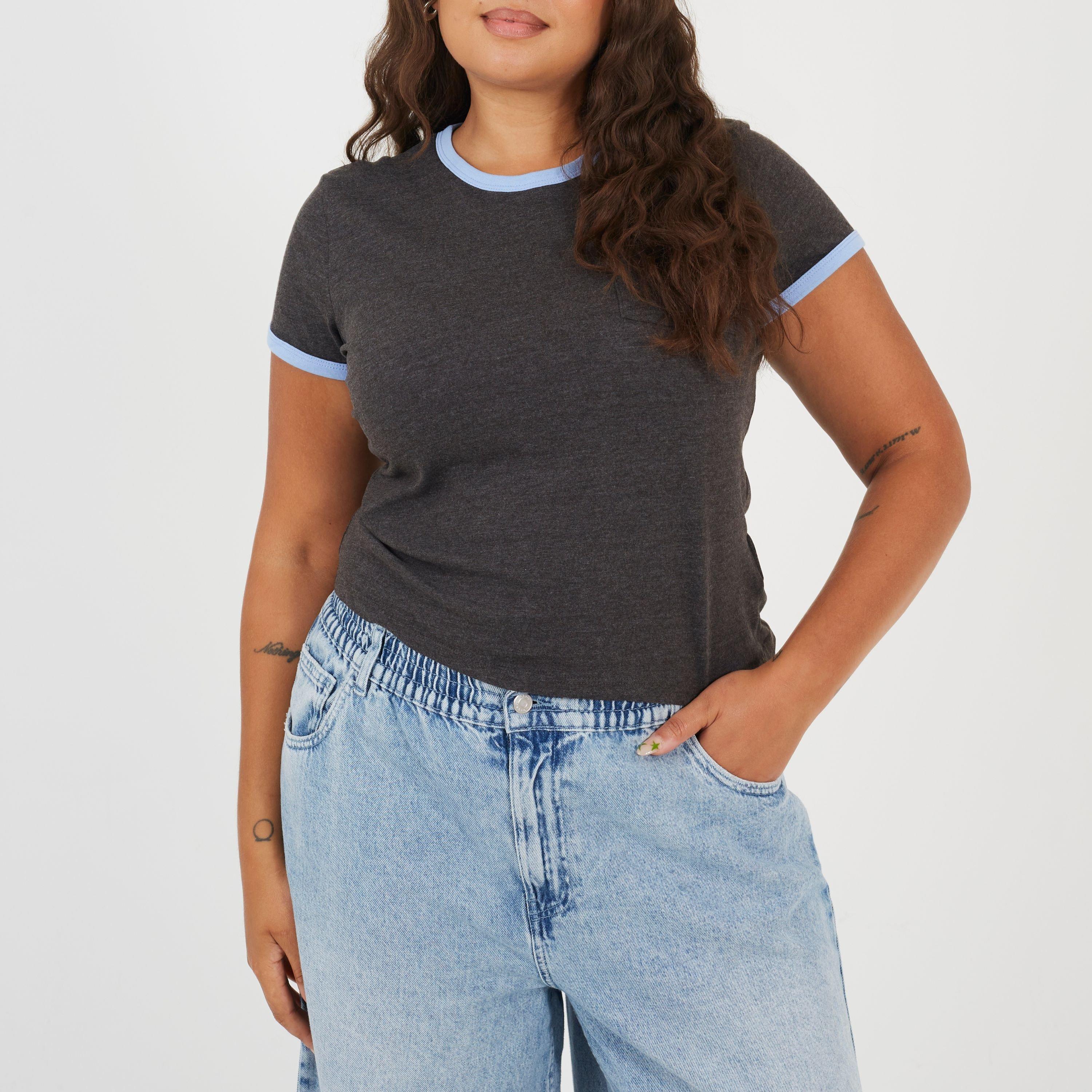 Charcoal/Crnflw - Brave Soul - Plus Size Short Sleeve Chest Pocket T-shit with Contrast Neck and Sleeve Rib - 1