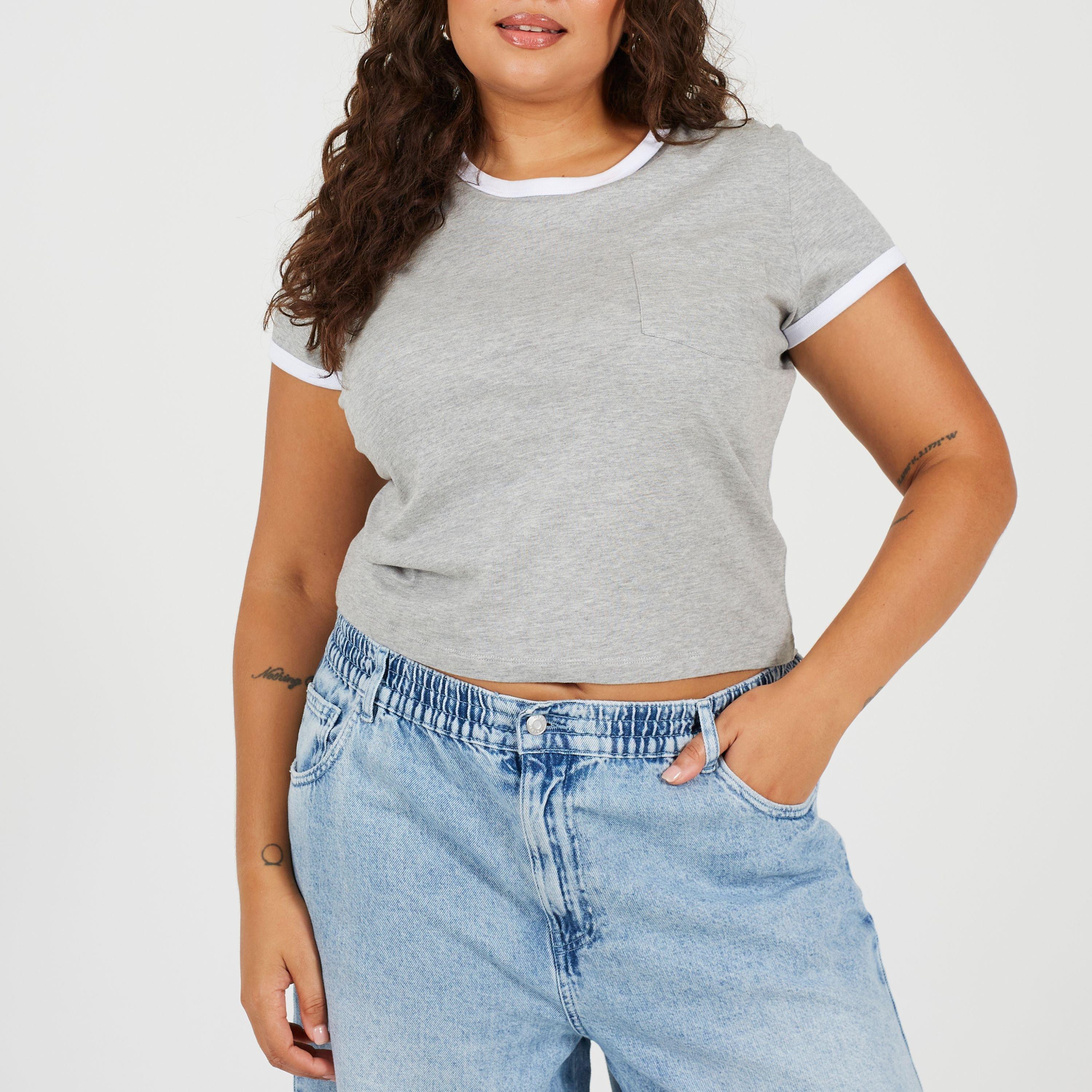 Brave Soul Women's Plus Size Short Sleeve Chest Pocket T-Shit With Contrast Neck And Sleeve Rib - Grey/White - 24 (5XL)