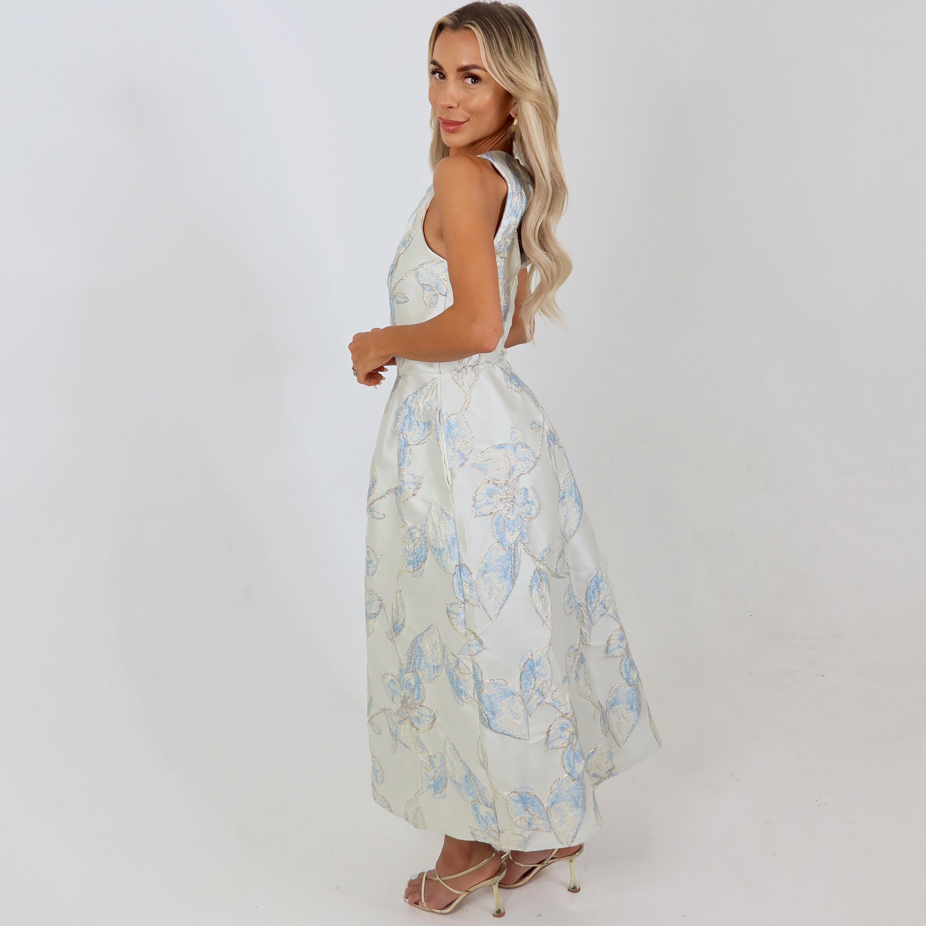 Ice Blue - AX Paris - Ice Blue Floral Jacquard Racer Neck A-Line Midi Dress - 4